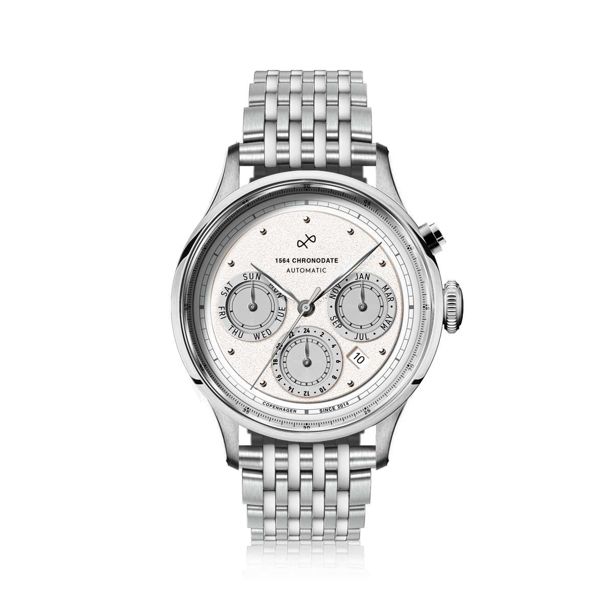1564 Chronodate Automatic by AV86 features a vintage-inspired automatic chronograph with a finely textured white dial, sapphire crystal, polished steel case, triple subdials for day, month, and 24-hour time, paired with a multi-link stainless steel bracelet, exemplifying Danish horological precision and minimalist Nordic design.
