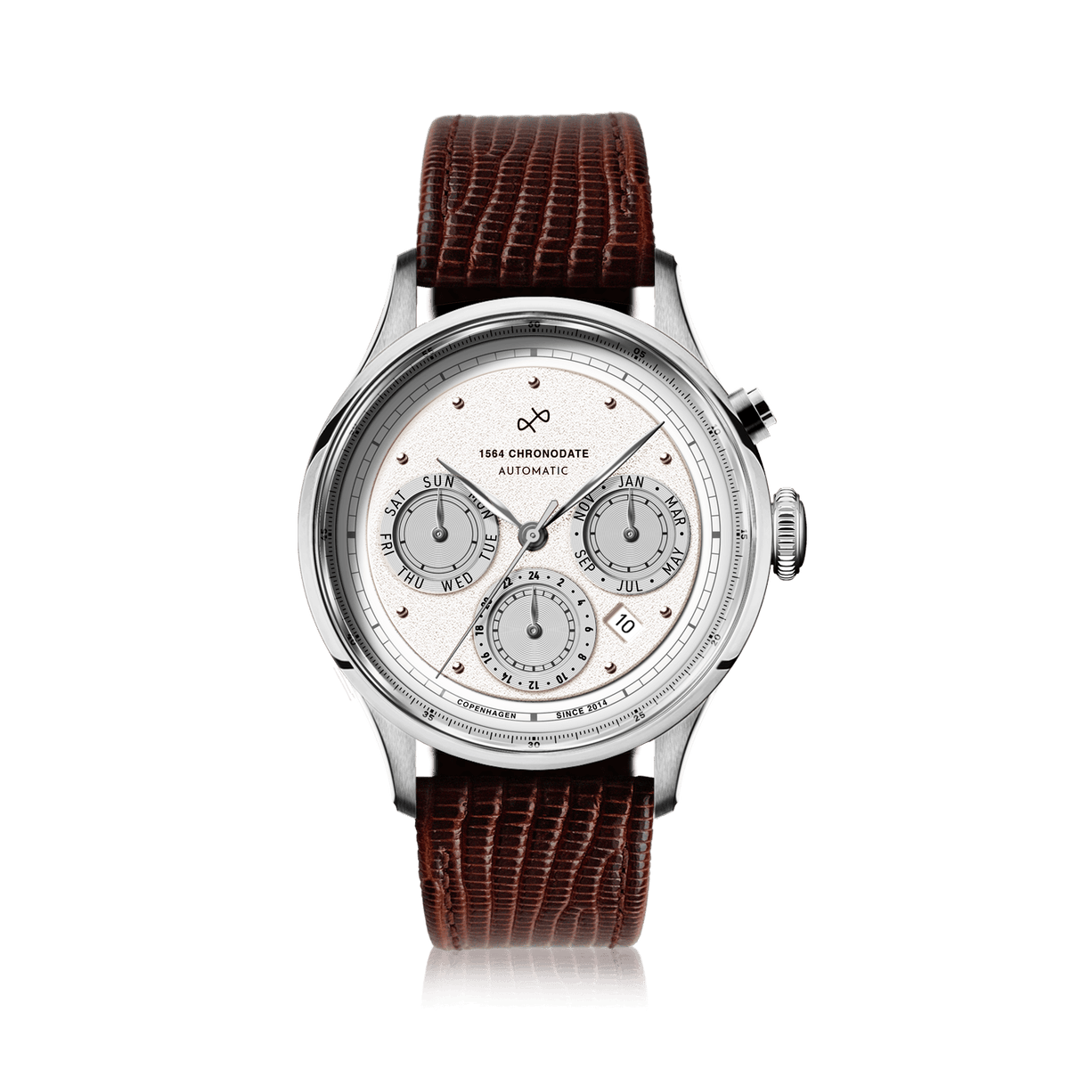 1564 Chronodate Automatic by AV86 features a vintage-inspired automatic chronograph with a textured dial, sapphire crystal, polished case, and three subdials displaying day, month, and 24-hour time, paired with a brown lizard leather strap, exemplifying refined Danish horological craftsmanship and minimalist Nordic design.