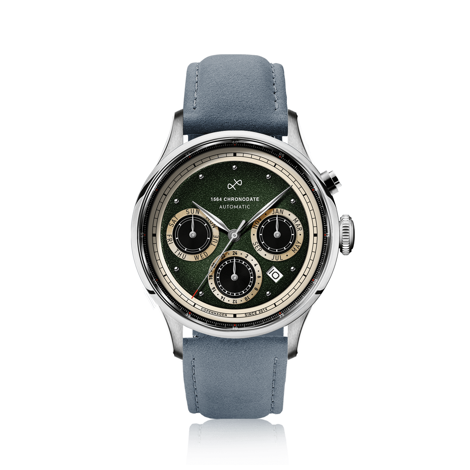 1564 Chronodate Automatic by AV86 vintage-inspired chronograph with sapphire crystal, garnished dial, and blue leather strap