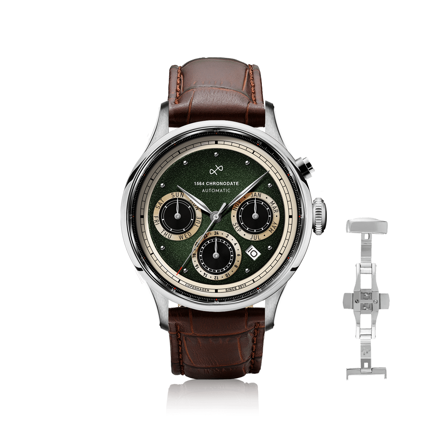 1564 Chronodate Automatic by AV86 vintage-inspired chronograph with sapphire crystal, automatic movement, and brown leather strap
