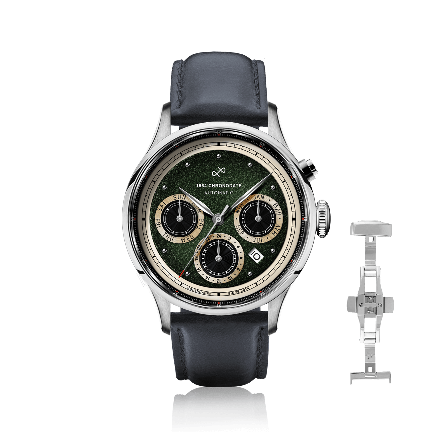 1564 Chronodate Automatic by AV86 vintage-inspired chronograph with sapphire crystal, multifunction dial, and black leather strap