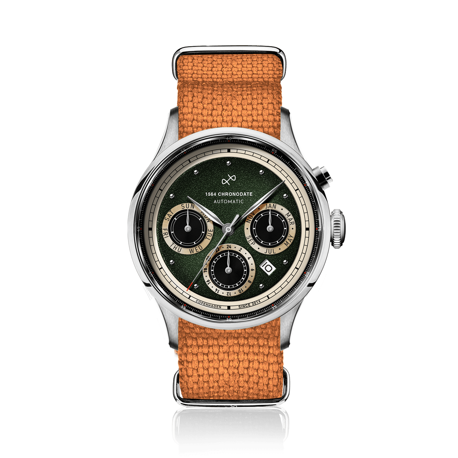 1564 Chronodate Automatic by AV86 vintage-inspired chronograph with sapphire crystal, date, and textured fabric strap