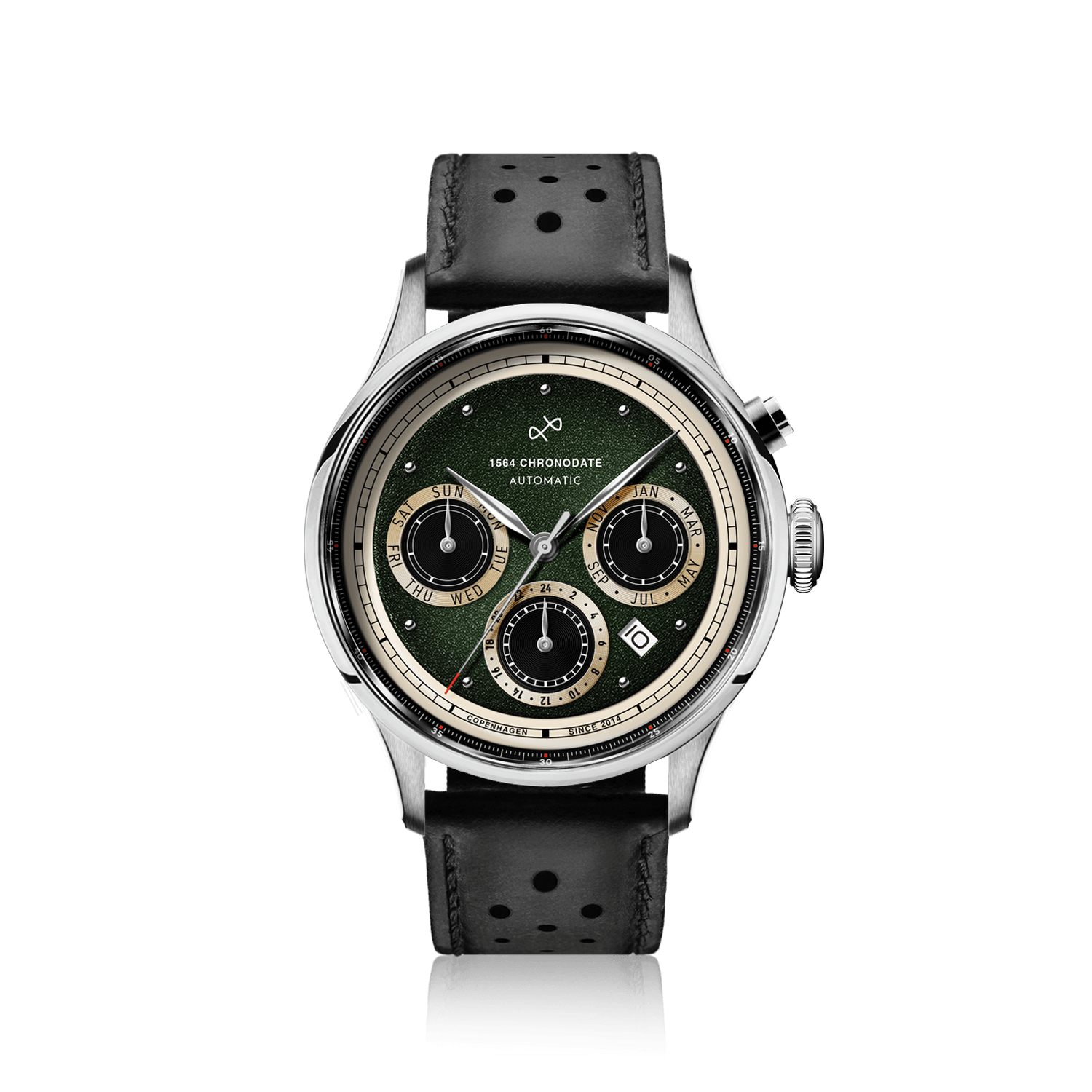 1564 Chronodate Automatic by AV86 vintage-inspired chronograph with sapphire crystal, perforated black leather strap, and multifunction dial