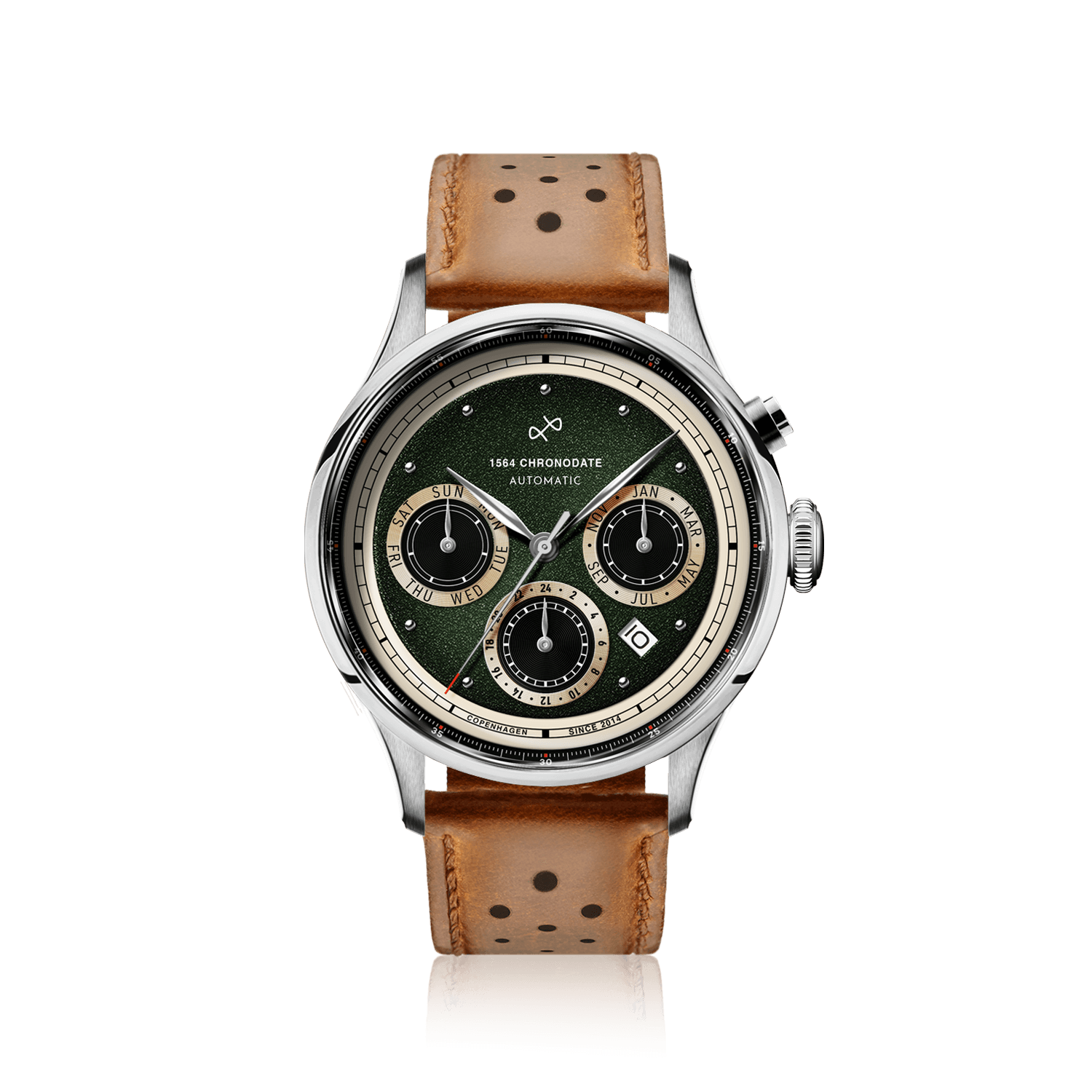 1564 Chronodate Automatic by AV86 vintage-inspired automatic chronograph with sapphire crystal, multi-dial green face, and perforated leather strap