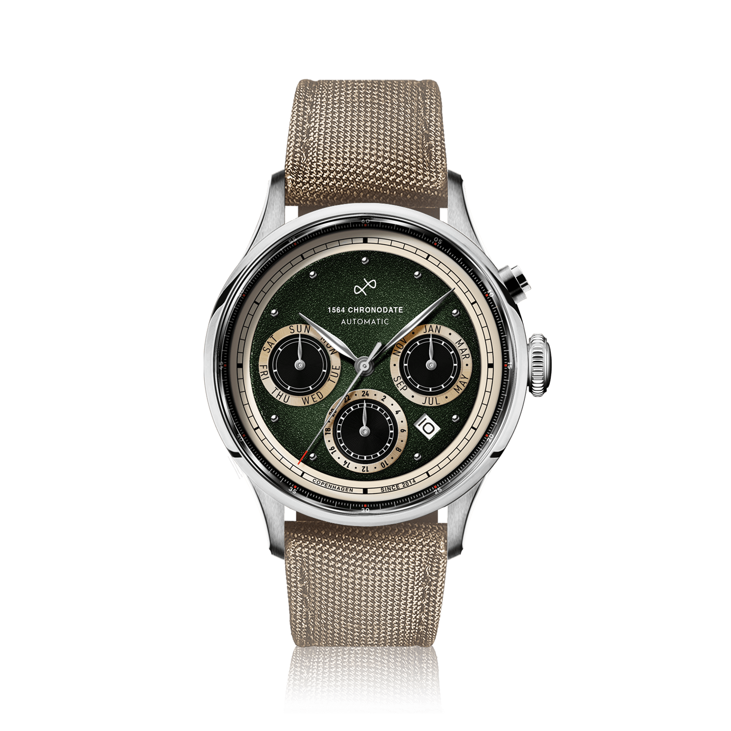 1564 Chronodate Automatic by AV86 with vintage-inspired dial, chronograph function, sapphire crystal, and textured fabric strap