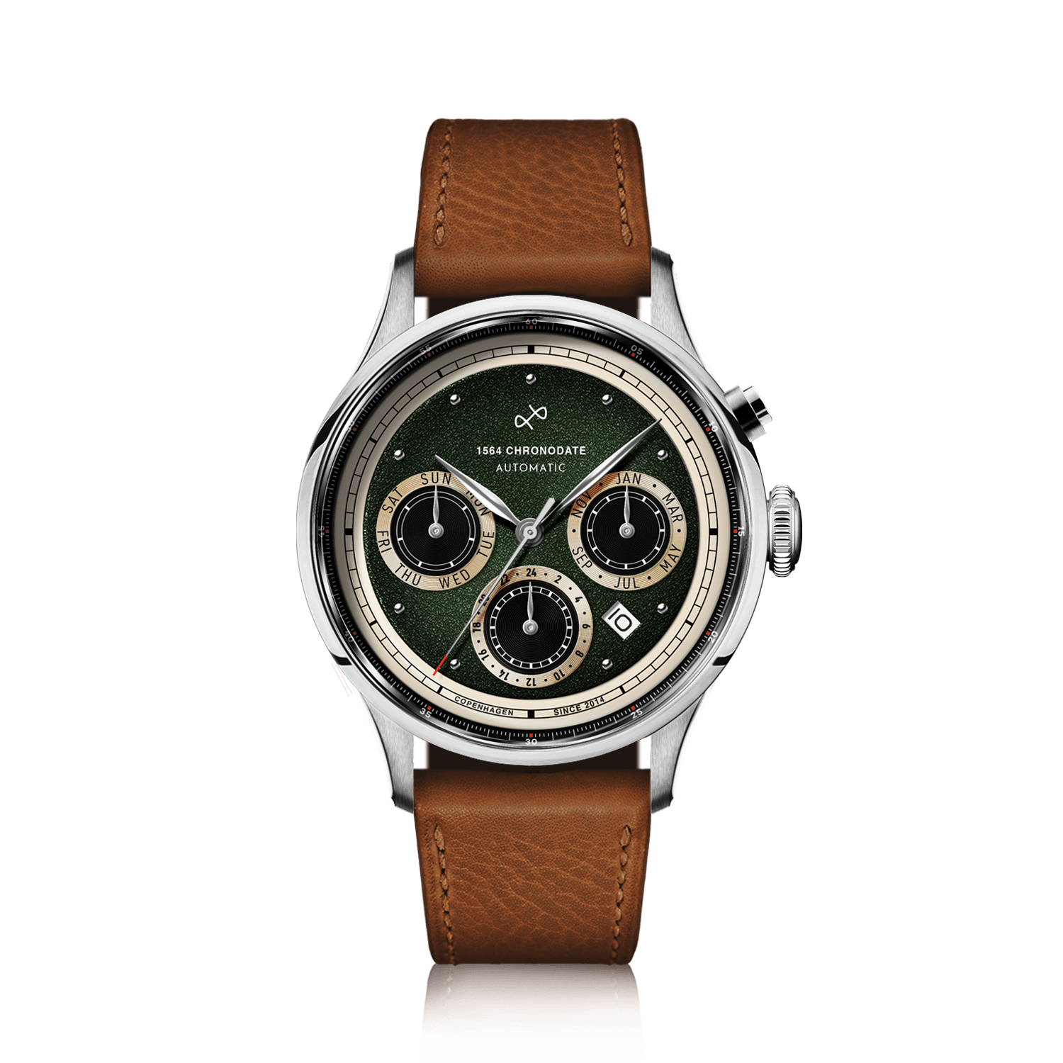 1564 Chronodate Automatic by AV86 vintage-inspired chronograph with sapphire crystal, green dial, and brown leather strap