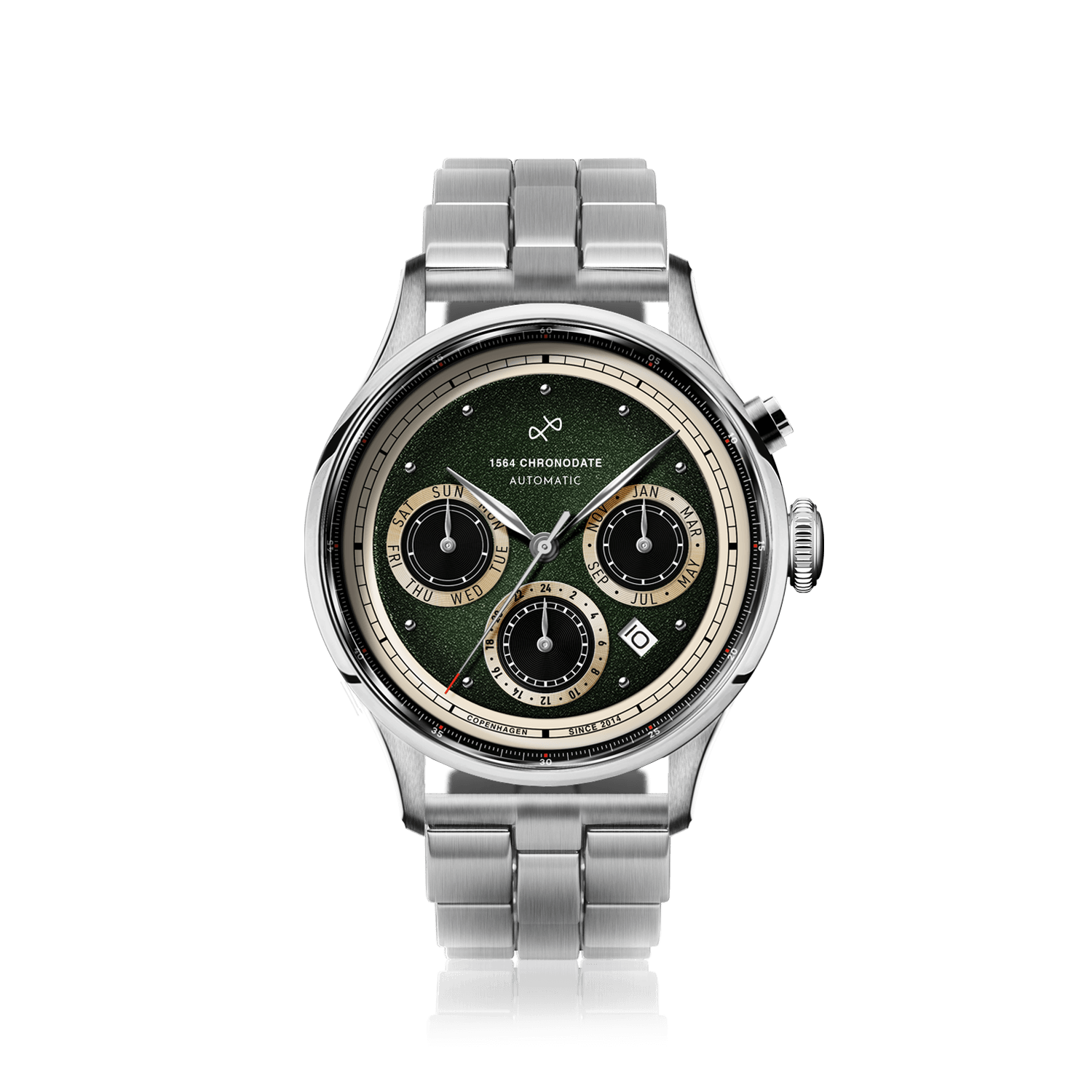1564 Chronodate Automatic by AV86 vintage-inspired chronograph with sapphire crystal, garnished green dial, and steel bracelet strap