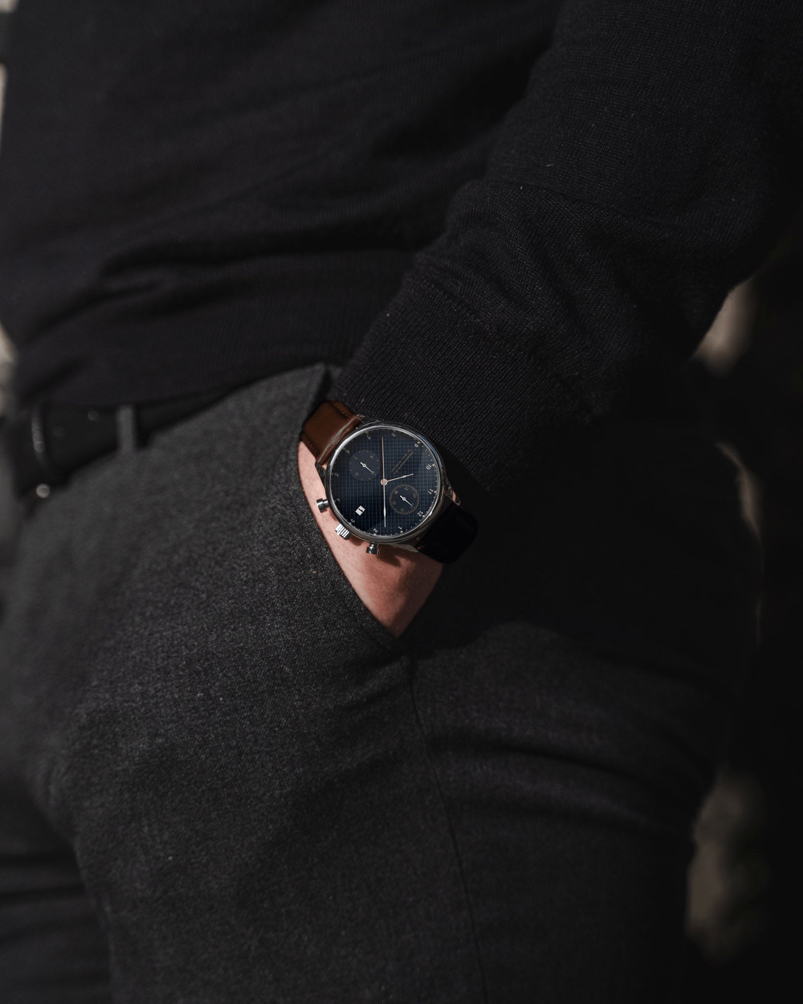 1815 Chronograph by AV86 vintage-inspired chronograph with sapphire crystal, textured dial, and brown leather strap in minimalist style