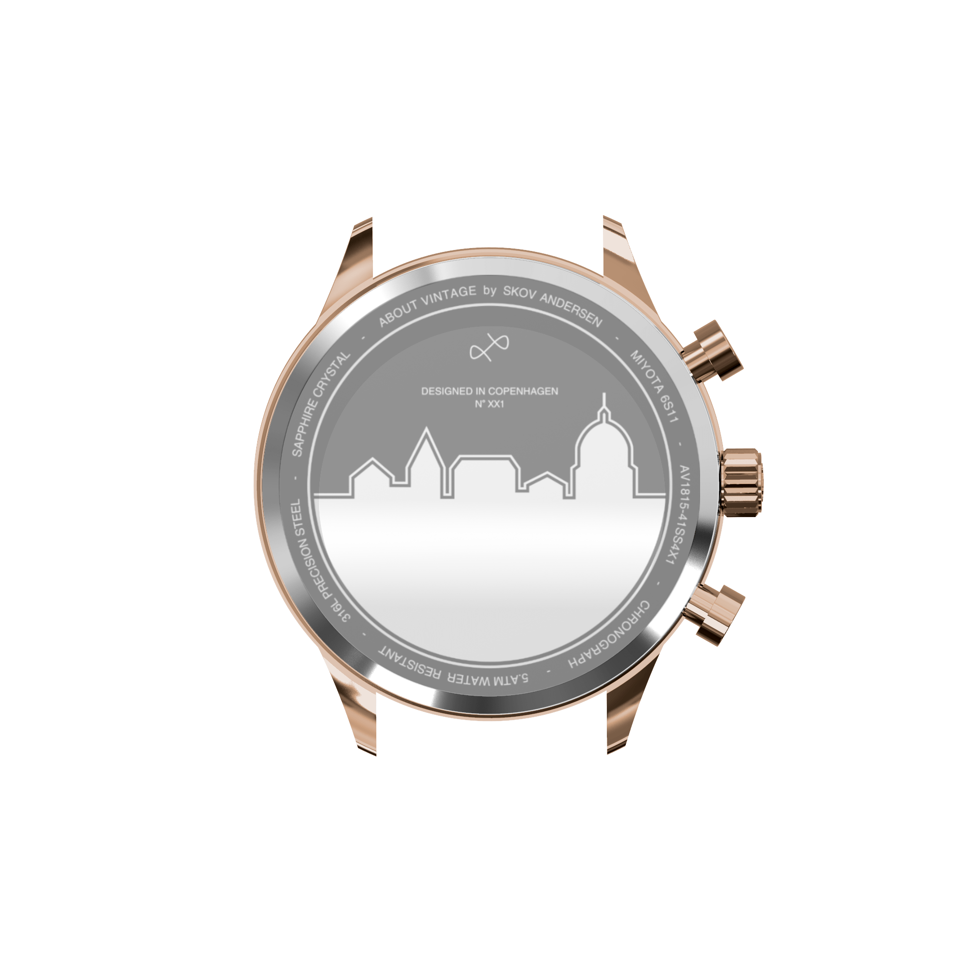 1815 Chronograph, Rose Gold / White by AV86 showcasing detailed case back with Copenhagen skyline engraving in rose gold finish