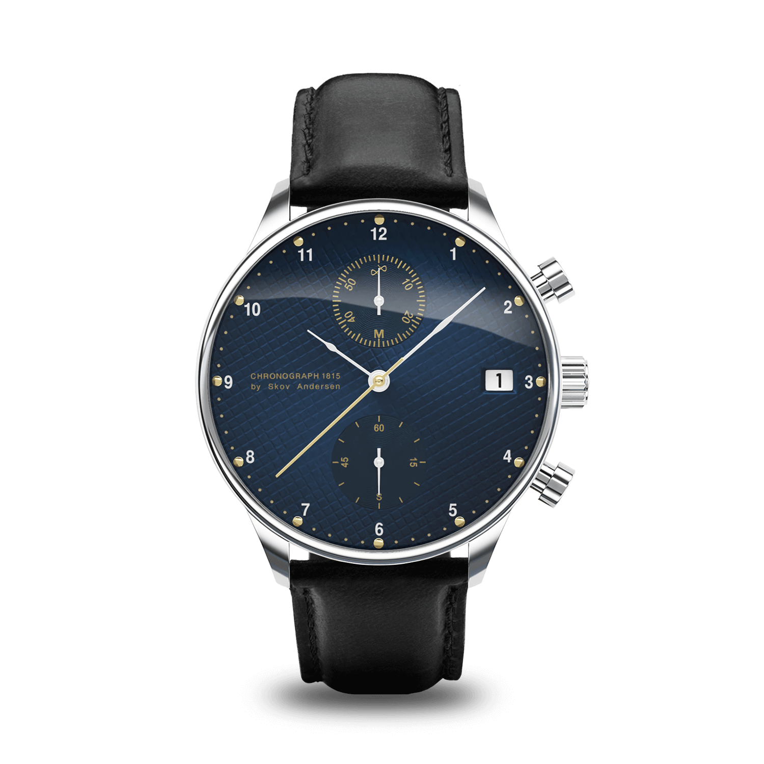 1815 Chronograph by AV86 with vintage-inspired dial, sapphire crystal, classic chronograph function, and black leather strap