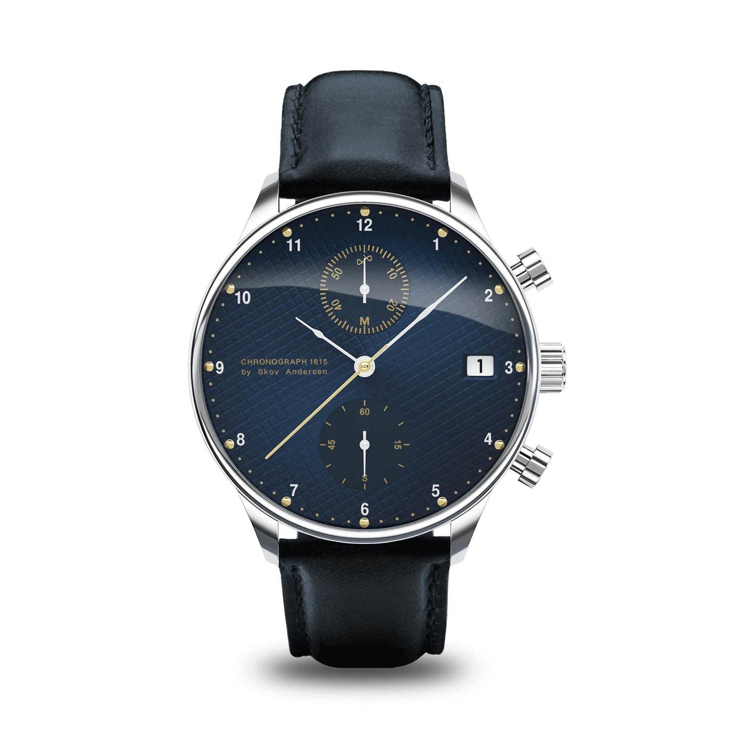 1815 Chronograph by AV86 vintage-inspired chronograph with sapphire crystal, textured dial, date window, and black leather strap