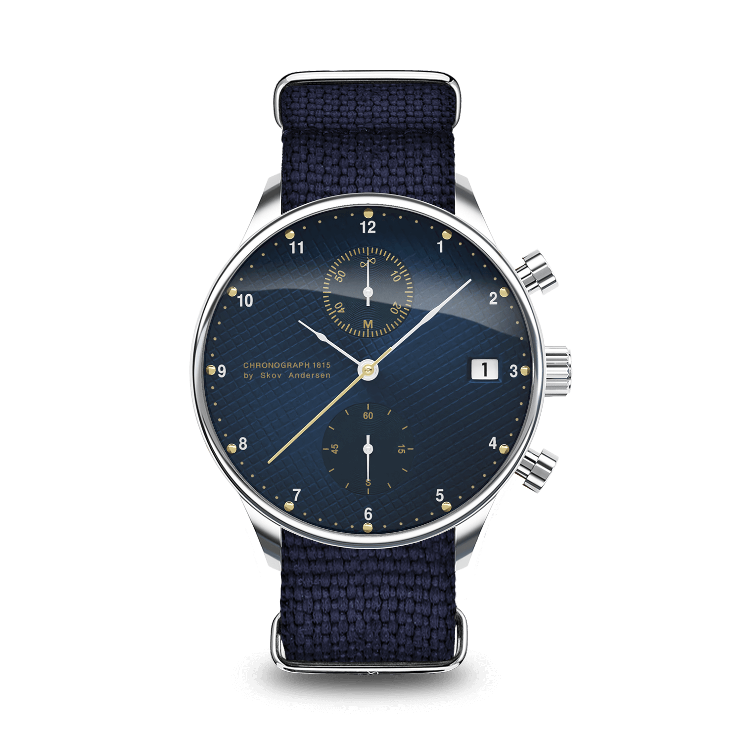 1815 Chronograph by AV86 luxury timepiece with vintage-inspired dial, sapphire crystal, chronograph function, and blue fabric strap