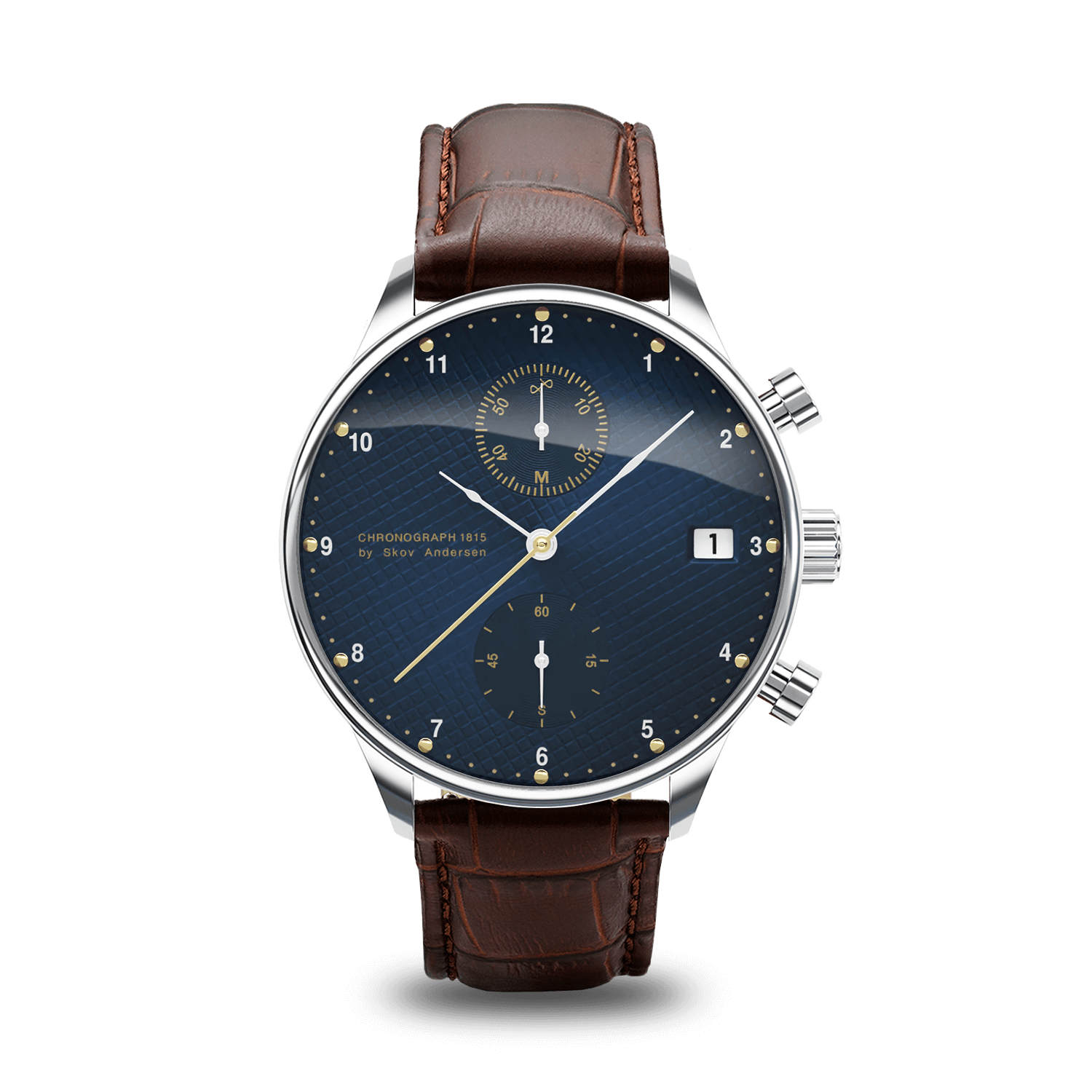 1815 Chronograph by AV86 luxury chronograph with sapphire crystal, blue dial, vintage-inspired design, and brown leather strap