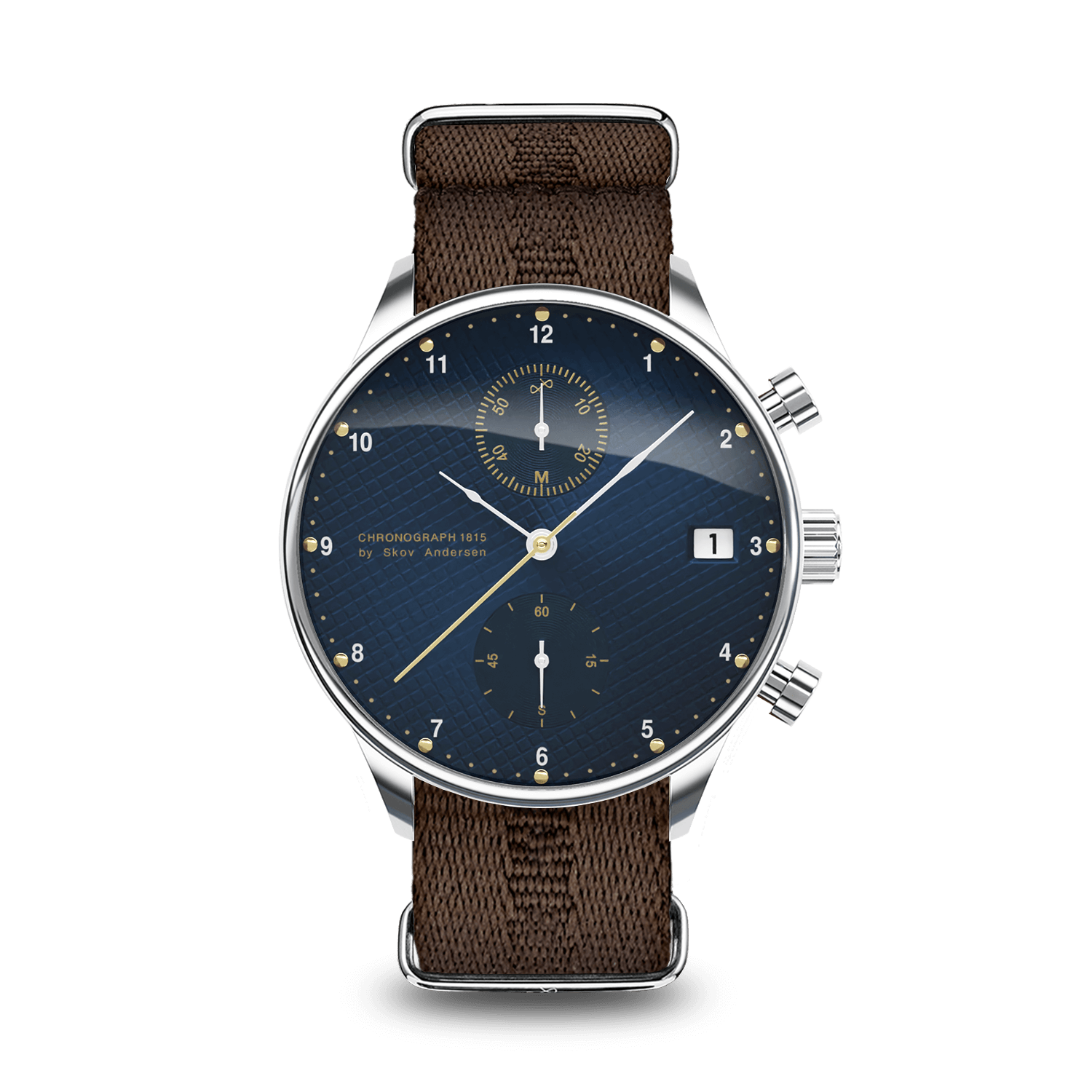 1815 Chronograph by AV86 luxury timepiece with vintage-inspired dial, sapphire crystal, chronograph function, and textured brown fabric strap