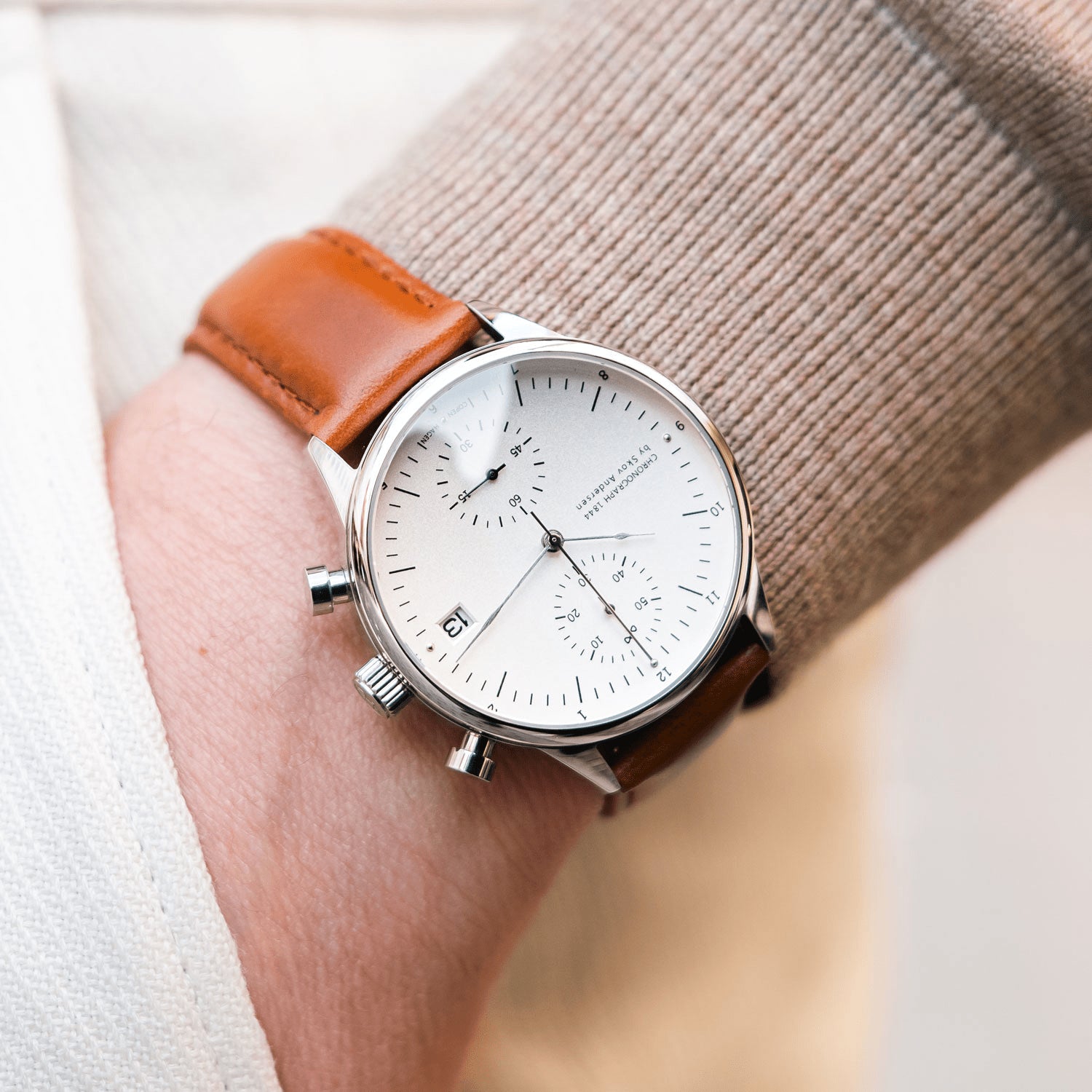 1844 Chronograph by AV86 vintage-inspired chronograph with sapphire crystal, precise dial, and brown leather strap