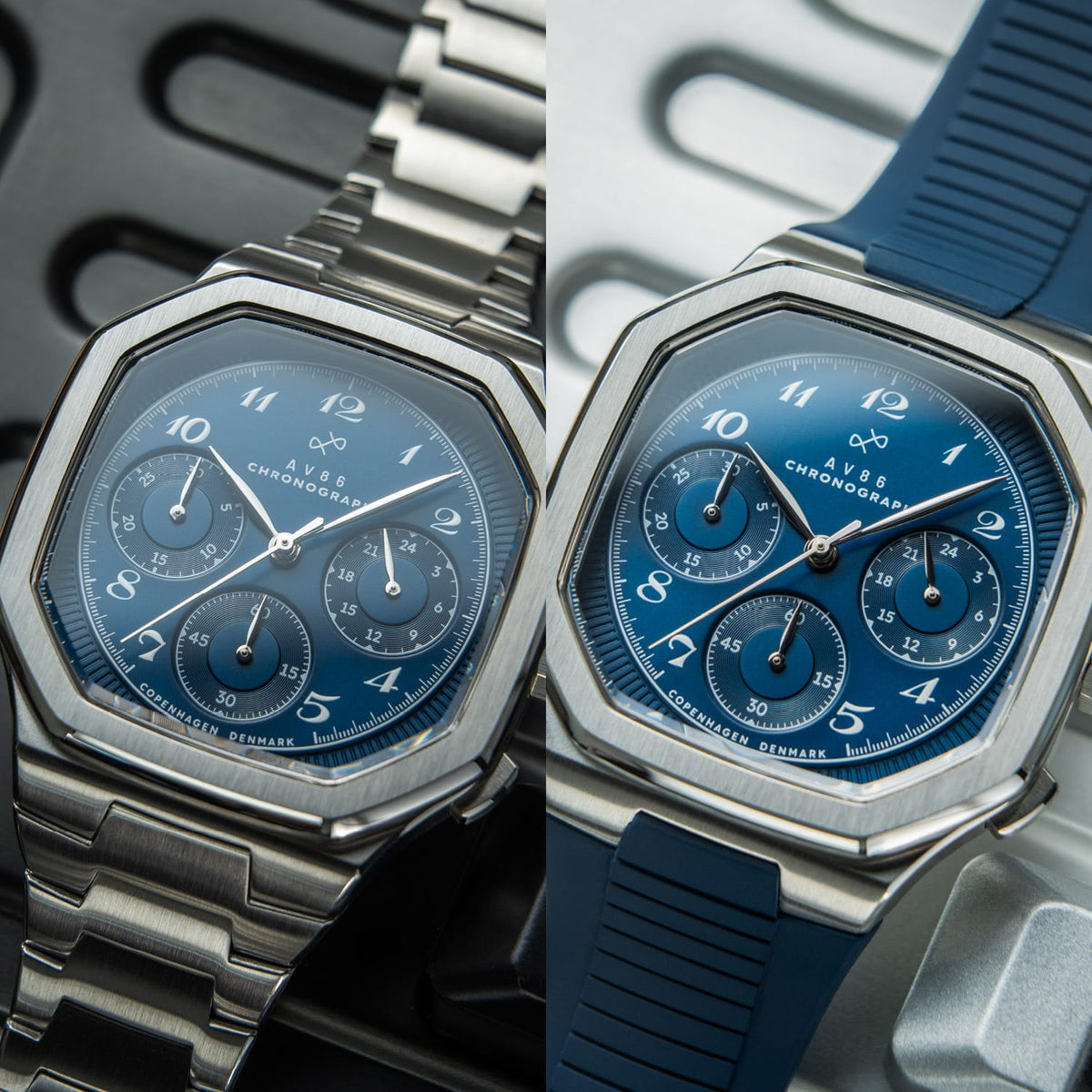 VB86 chronograph with vintage-inspired dial, sapphire crystal, and interchangeable steel bracelet and rubber strap by AV86