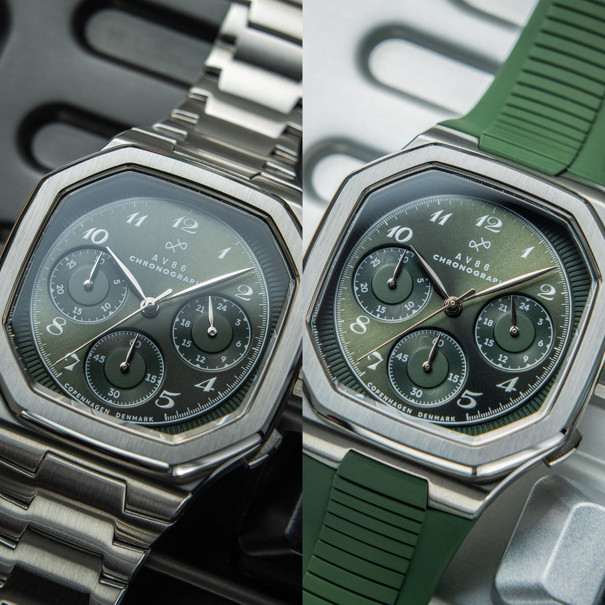 VB Kong Hans Eg, Limited Edition by AV86 vintage-inspired chronograph with sapphire crystal, octagonal case, and metal or rubber strap