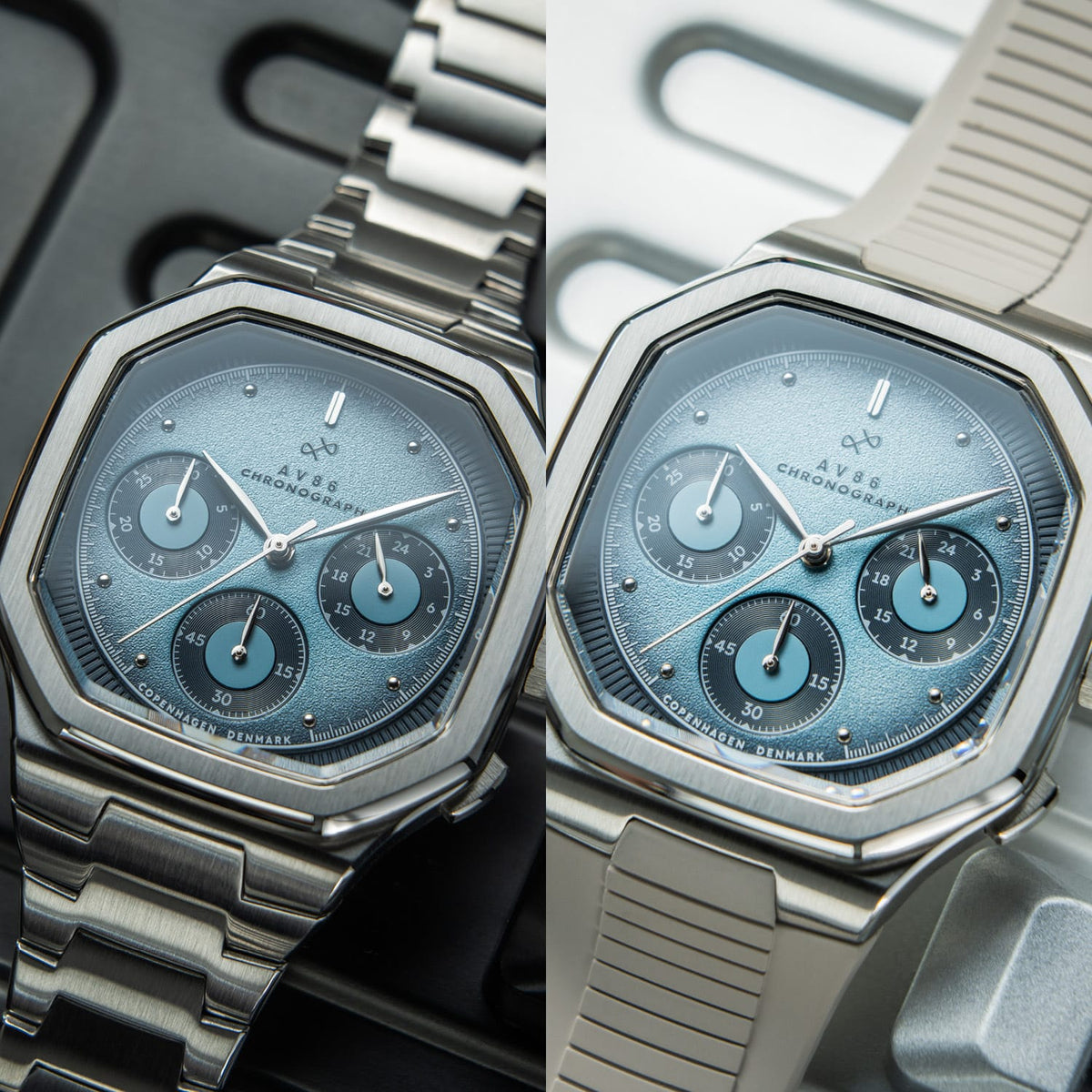 AV86 vintage-inspired chronograph with textured dial, sapphire crystal, hexagonal case, and metal bracelet alongside rubber strap alternatives