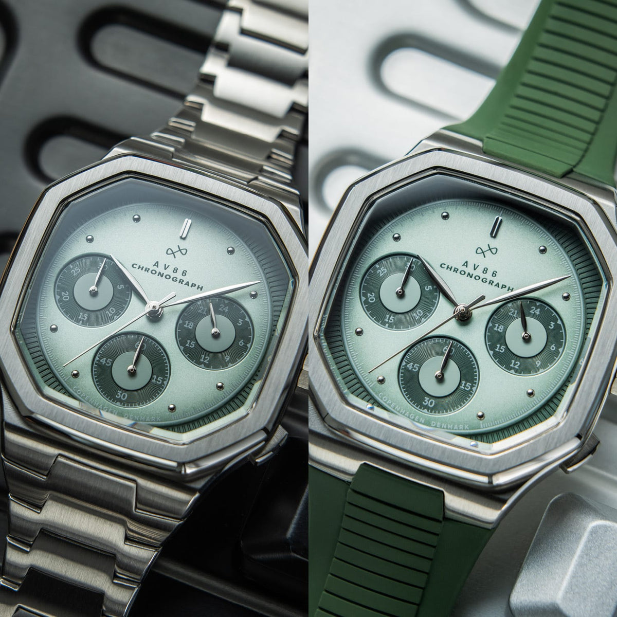 AV86 chronograph with octagonal case, sapphire crystal, vintage-inspired dial, and interchangeable metal and rubber straps