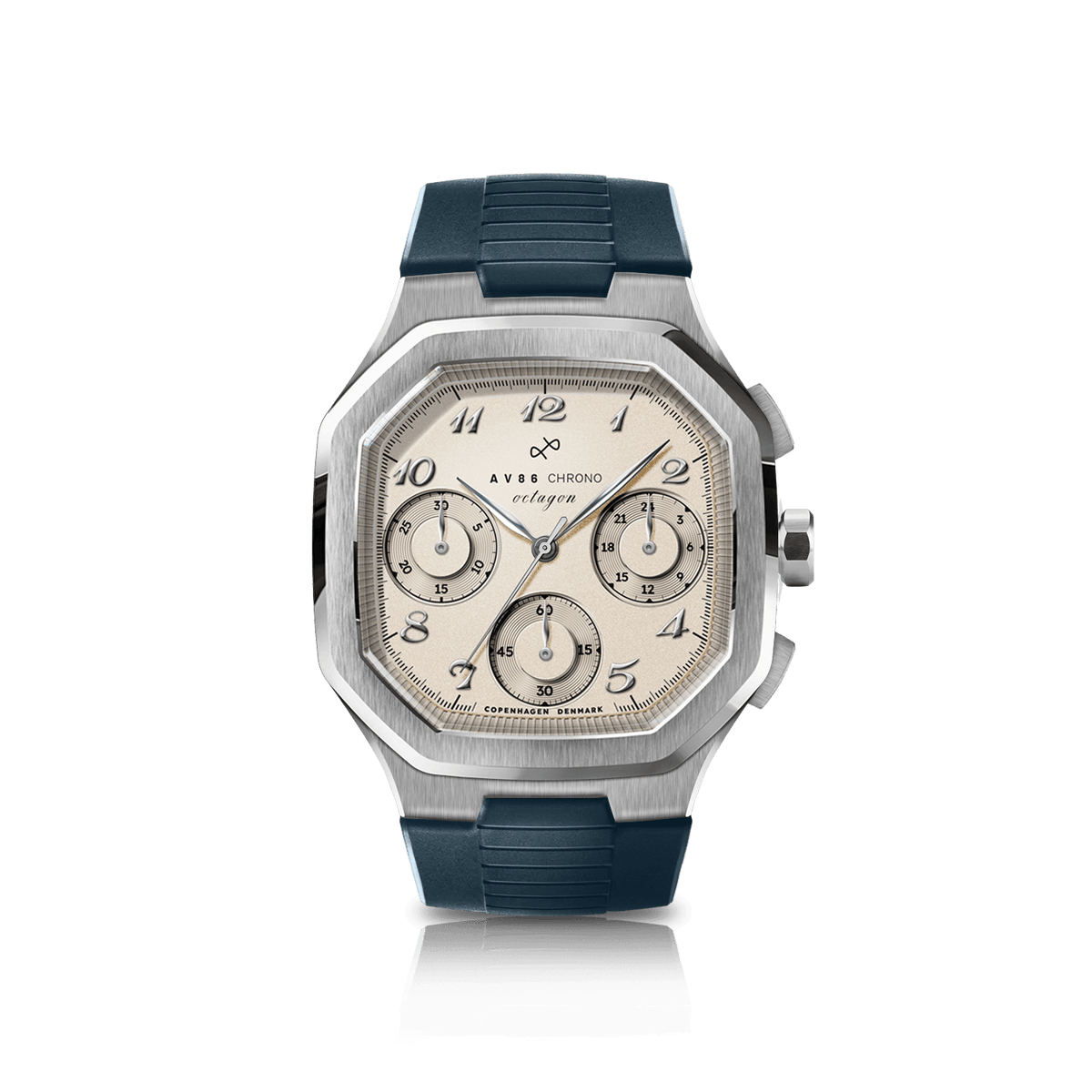 1904 Chrono, Steel / Off White by AV86 features a luxury chronograph with sapphire crystal, octagonal stainless steel case, off-white dial with vintage-inspired numerals, and a durable navy blue rubber strap embodying Scandinavian minimalist design.