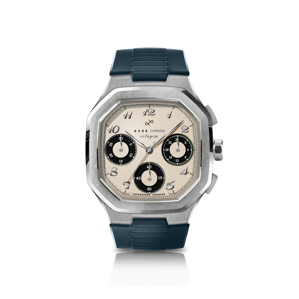 1904 Chrono, Steel / Off White & Black by AV86 features a stainless steel case with a sapphire crystal, vintage-inspired off white dial with black chronograph subdials, and a durable navy rubber strap, embodying Nordic minimalism and horological excellence.