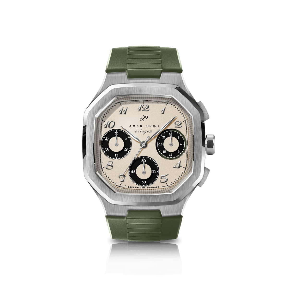 1904 Chrono, Steel / Off White & Black by AV86 features a chronograph dial with three subdials, a textured off-white face, a brushed steel octagonal case, and a durable green rubber strap, exemplifying Scandinavian design and horological excellence.