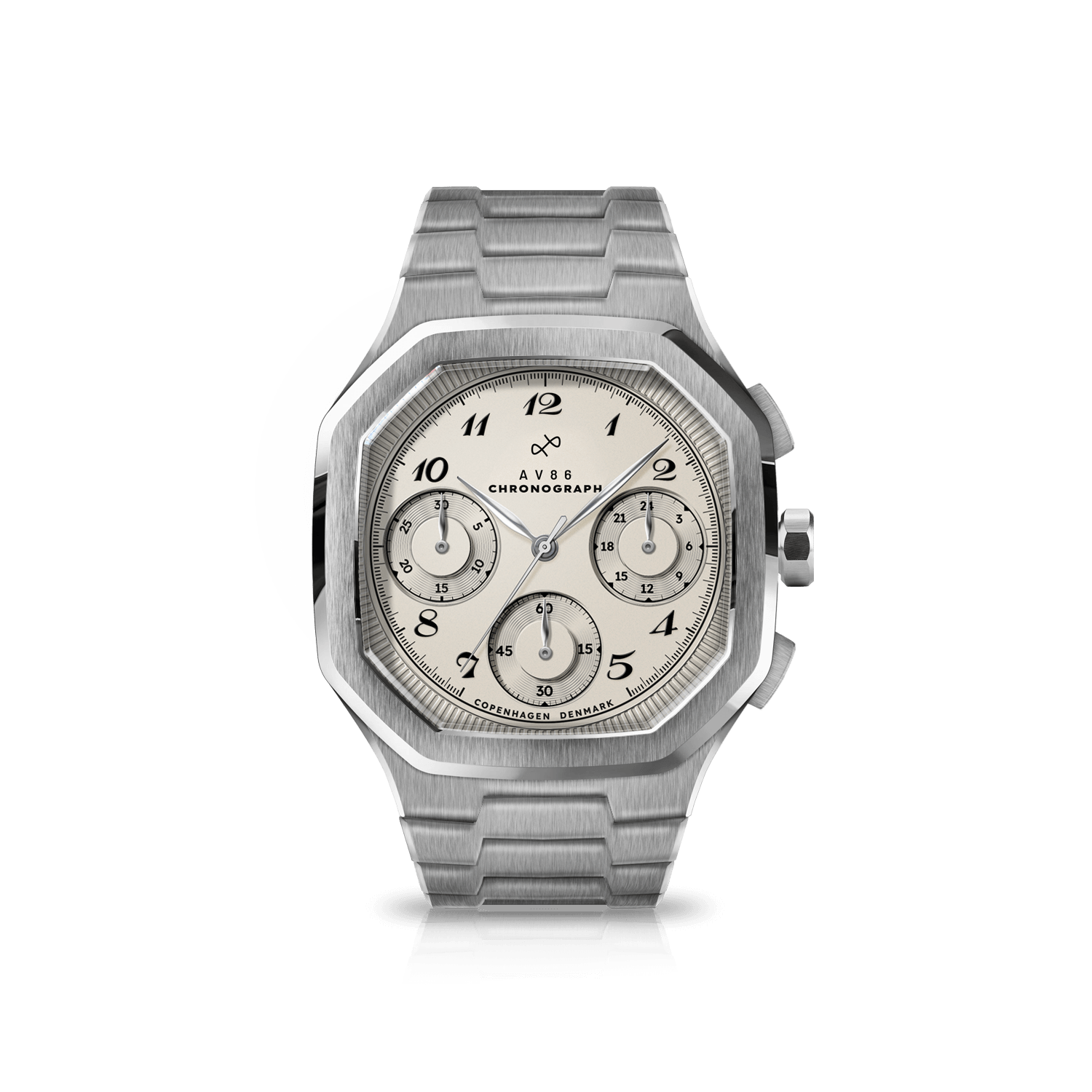1904 Chronograph by AV86 with non-round steel case, vintage-inspired dial, sapphire crystal, and integrated steel bracelet strap