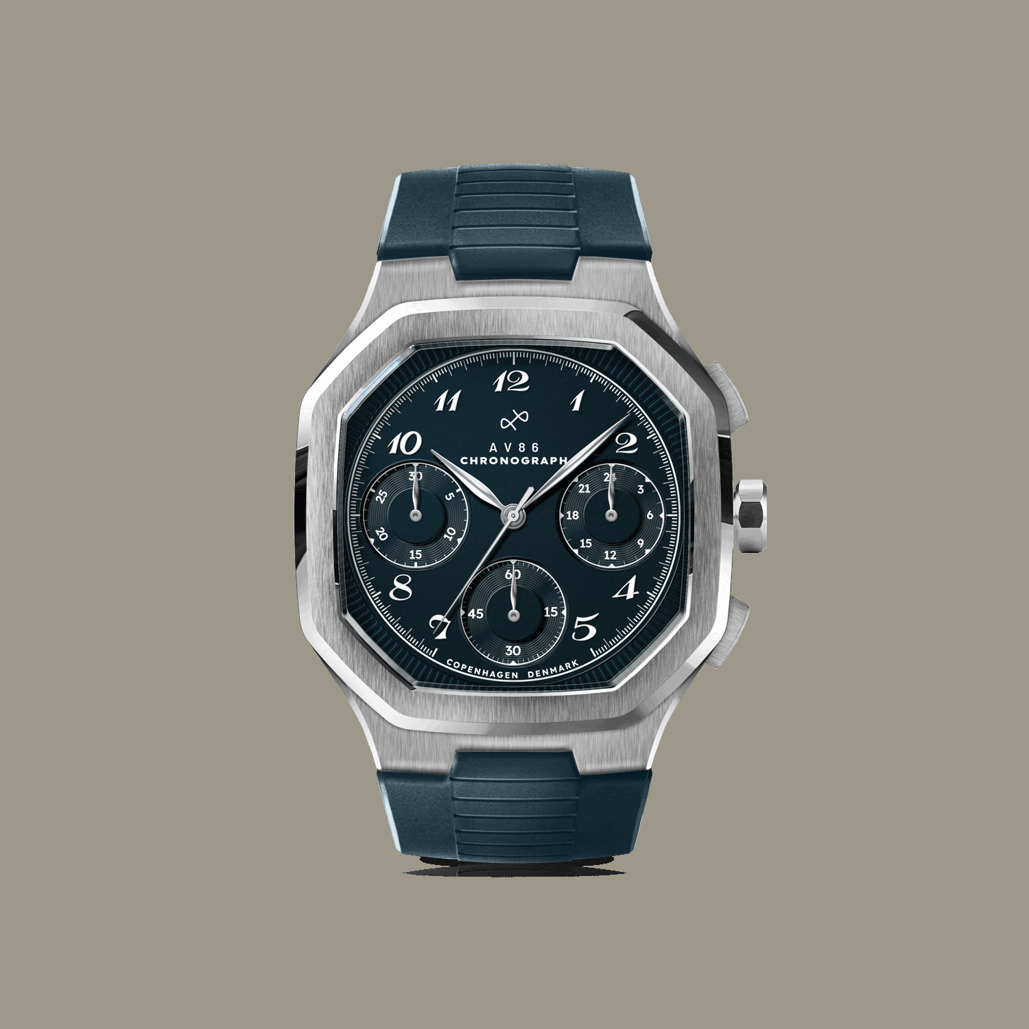 VB Kong Hans Eg, Limited Edition by AV86 vintage-inspired chronograph with sapphire crystal, three subdials, and rubber strap