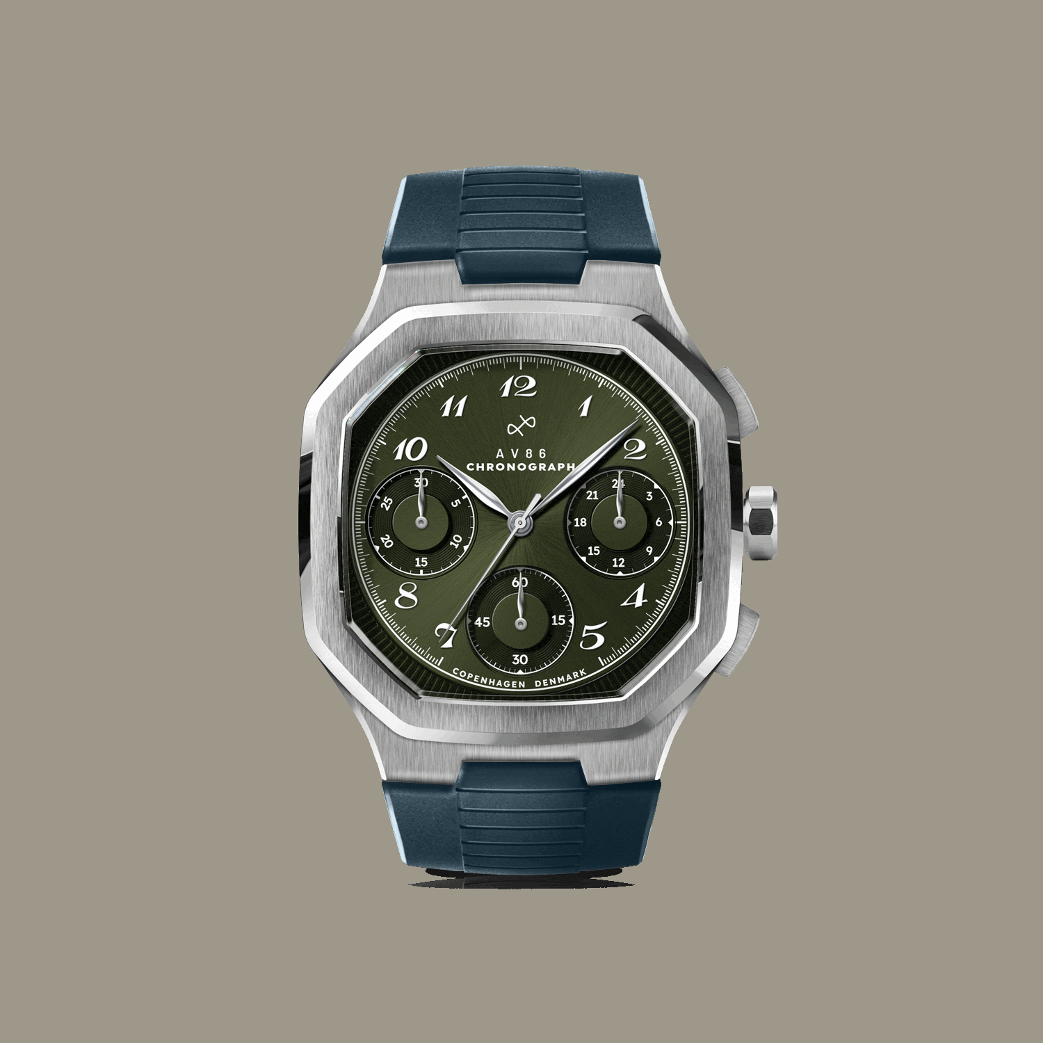 AV86 chronograph with octagonal stainless steel case, sapphire crystal, vintage-inspired dial, and textured rubber strap