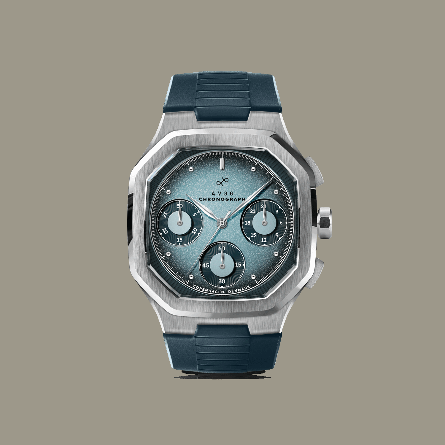 AV86 chronograph with vintage-inspired dial, sapphire crystal, brushed metal case, and textured rubber strap in minimalist Scandinavian design