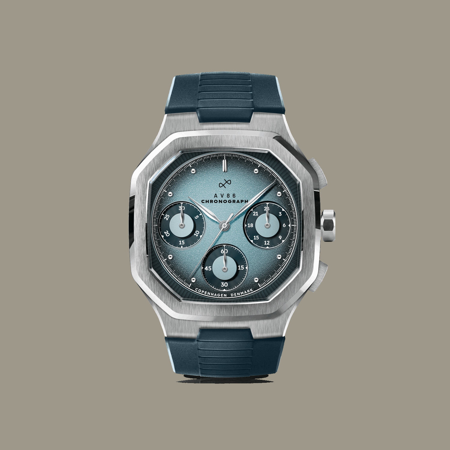 AV86 chronograph with vintage-inspired dial, sapphire crystal, brushed metal case, and textured rubber strap in minimalist Scandinavian design