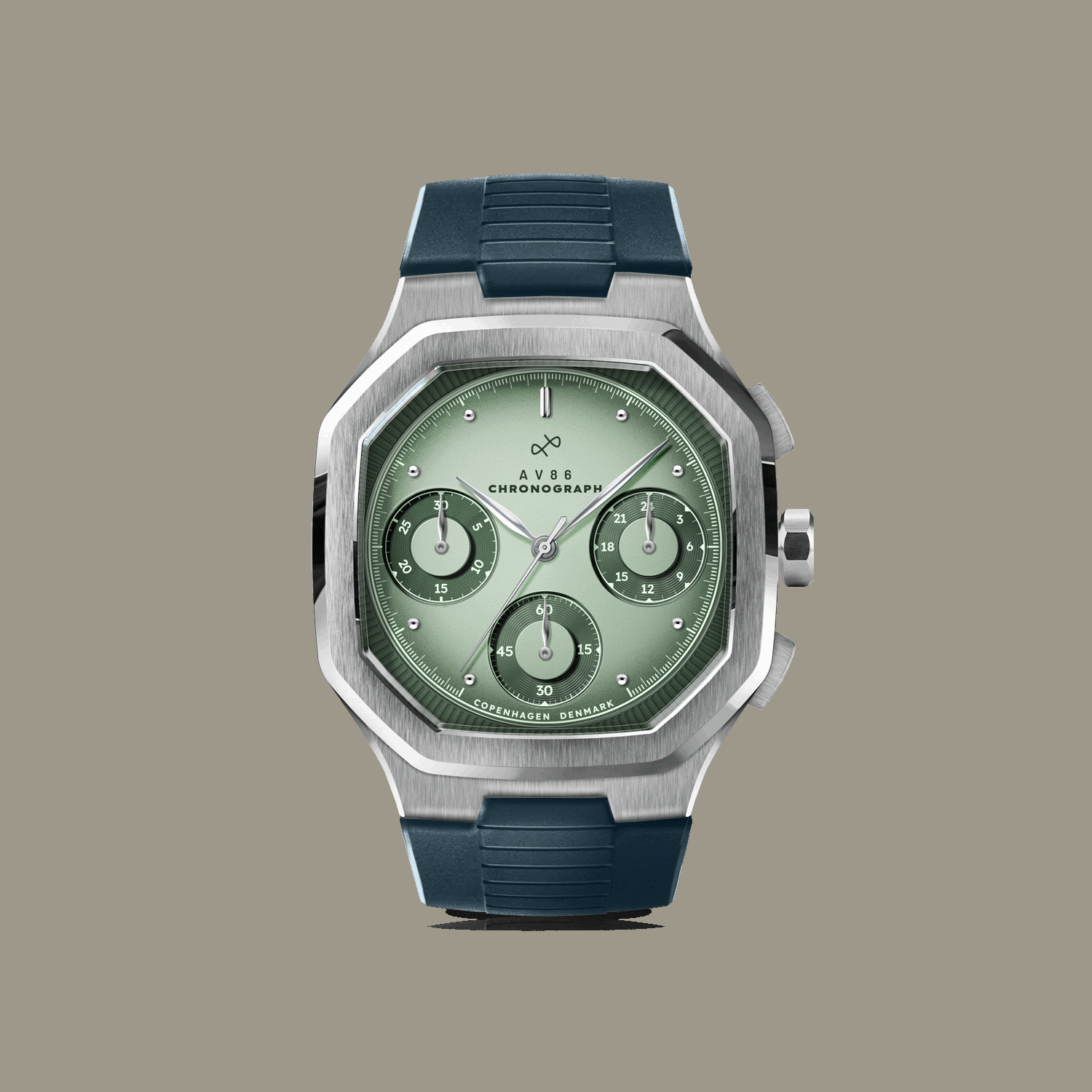 AV86 chronograph with vintage-inspired dial, sapphire crystal, brushed metal case, and textured rubber strap in minimalist style