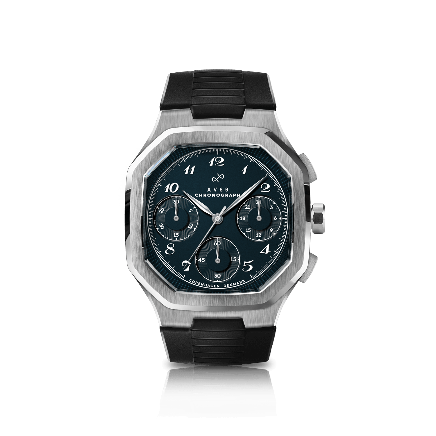 1904 Chronograph by AV86 with angular case, sapphire crystal, vintage-inspired dial, chronograph subdials, and black rubber strap