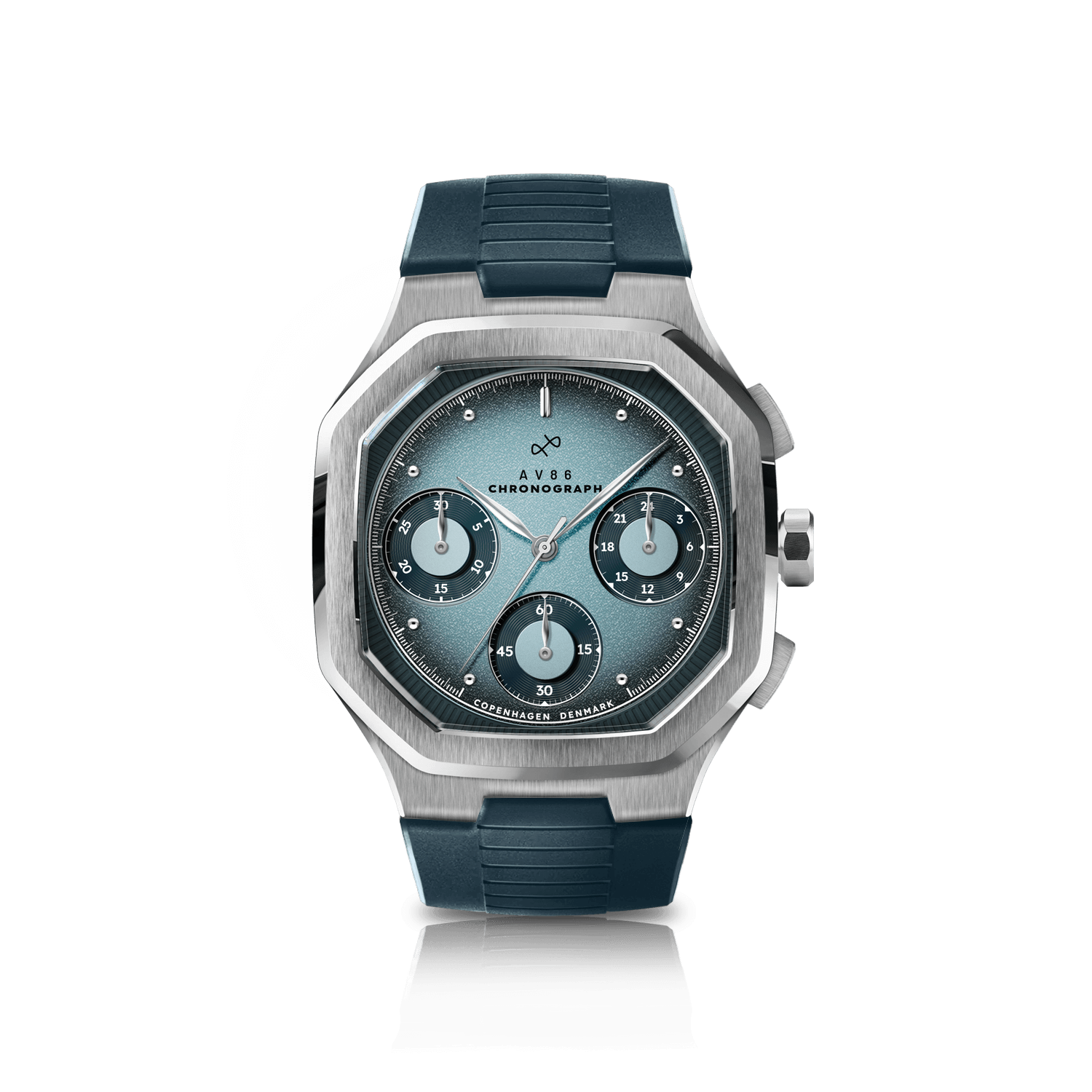 1904 Chronograph by AV86 with angular case, sapphire crystal, vintage-inspired dial, chronograph function, and rubber strap