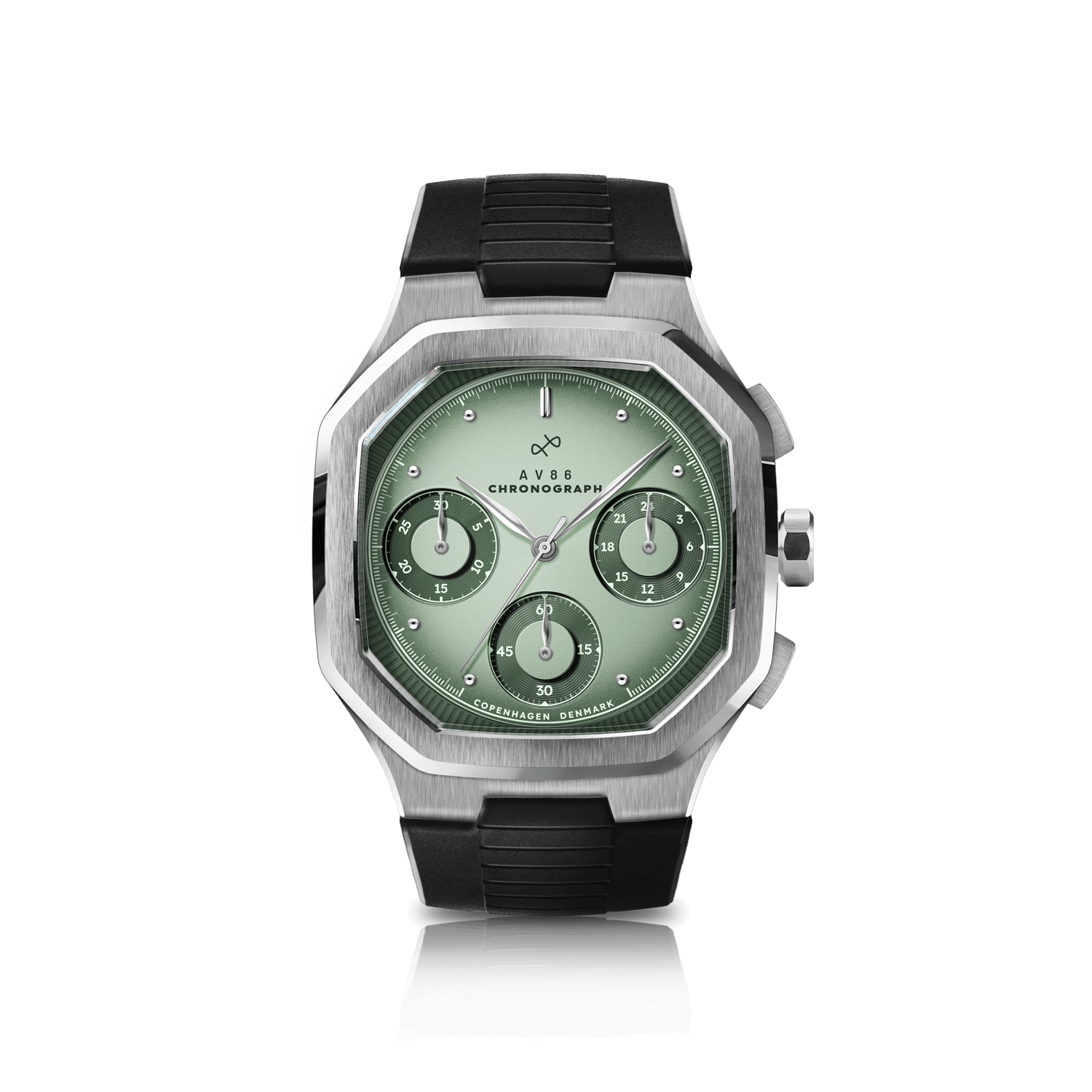 1904 Chronograph by AV86 with angular case, vintage-inspired dial, sapphire crystal, chronograph subdials, and textured black rubber strap