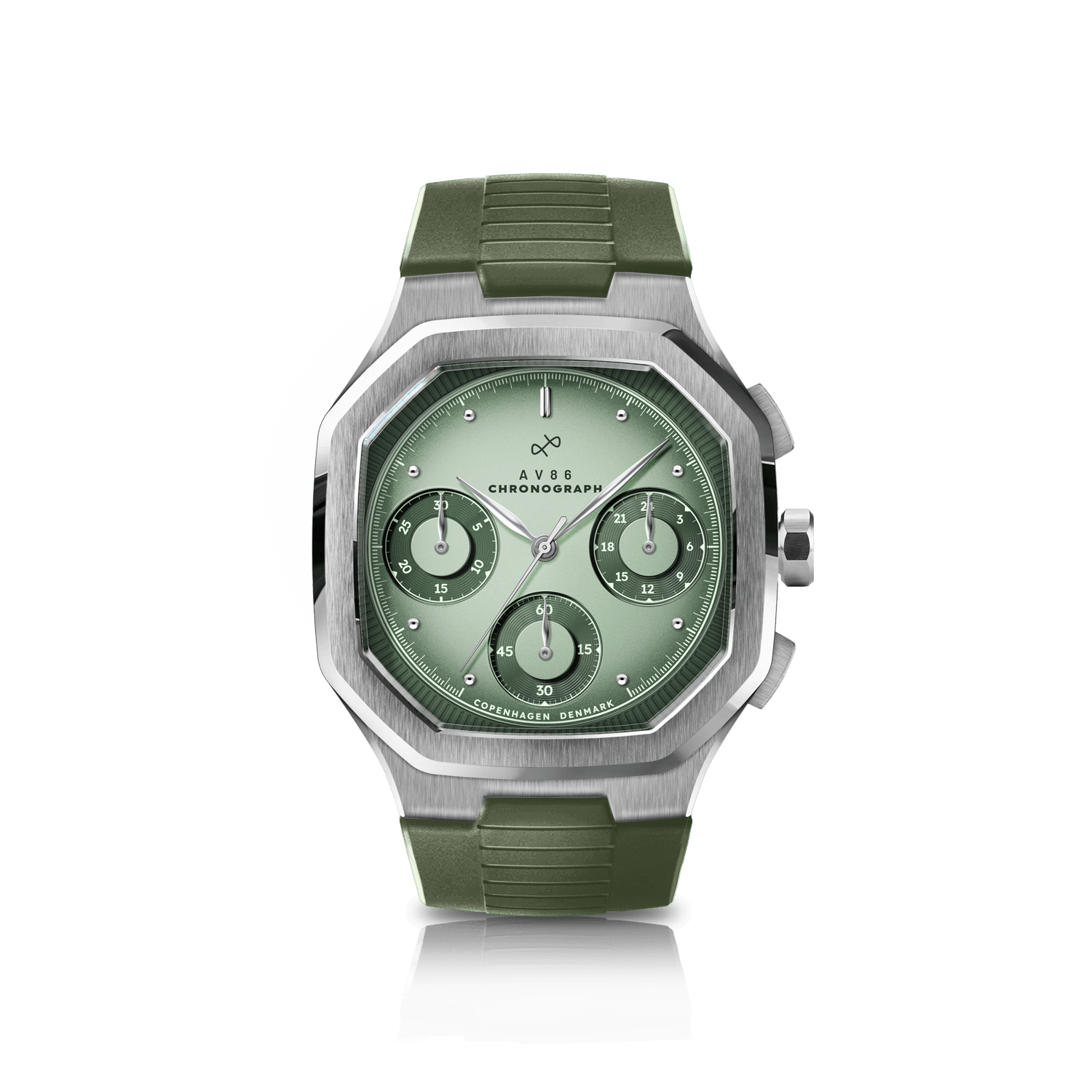1904 Chronograph by AV86 with angular case, vintage-inspired dial, sapphire crystal, chronograph subdials, and green rubber strap