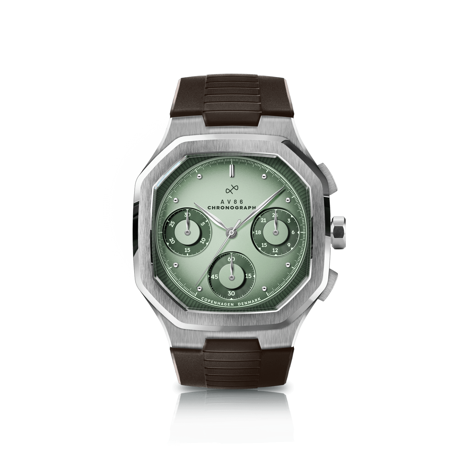 1904 Chronograph by AV86 with angular case, vintage-inspired dial, sapphire crystal, chronograph function, and textured rubber strap