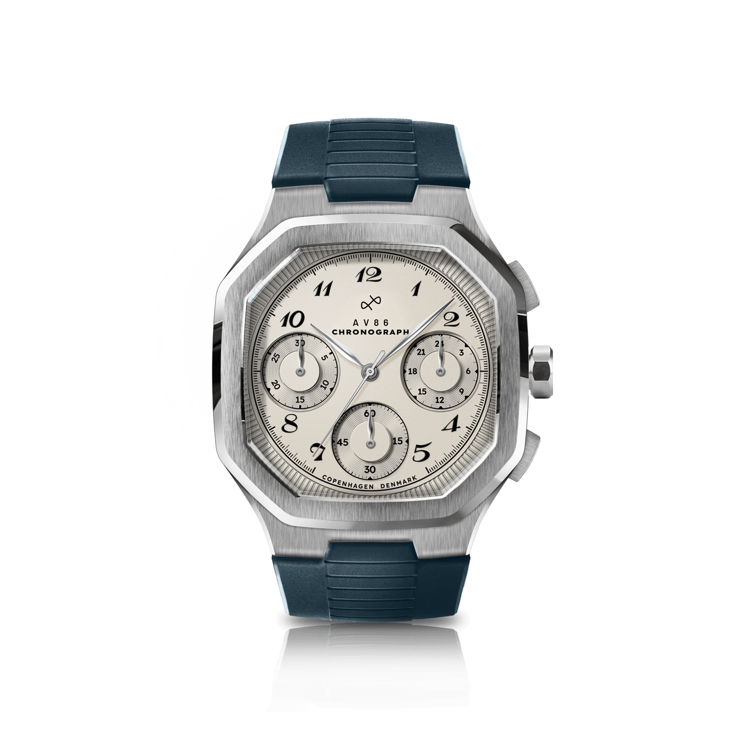 1904 Chronograph by AV86 with angular case, sapphire crystal, vintage dial, chronograph function, and textured rubber strap