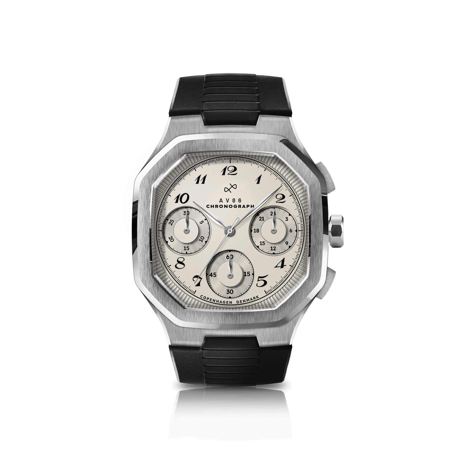1904 Chronograph by AV86 with angular case, sapphire crystal, vintage-inspired dial, chronograph subdials, and black rubber strap