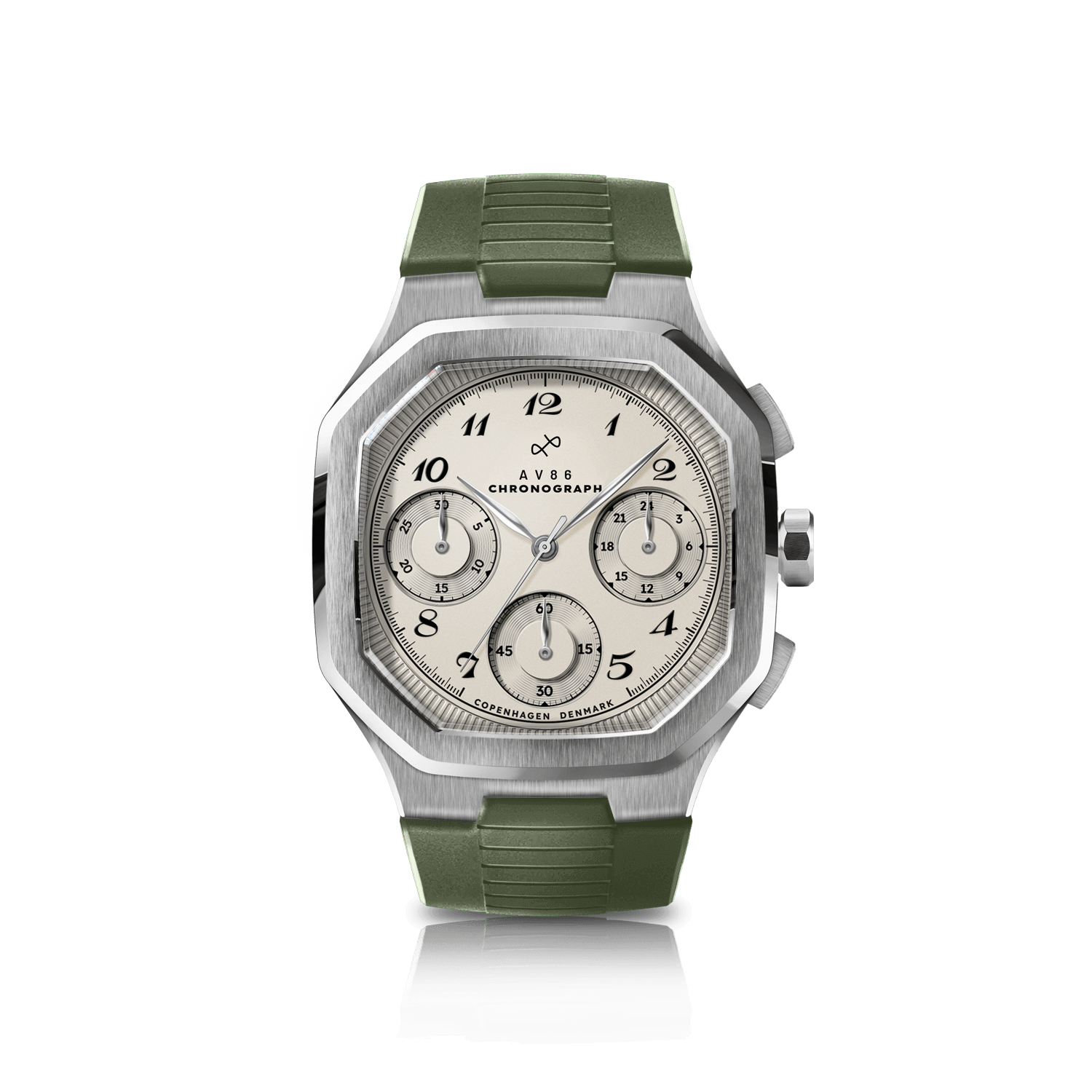 1904 Chronograph by AV86 with angular case, sapphire crystal, vintage-inspired dial, chronograph function, and green textured rubber strap