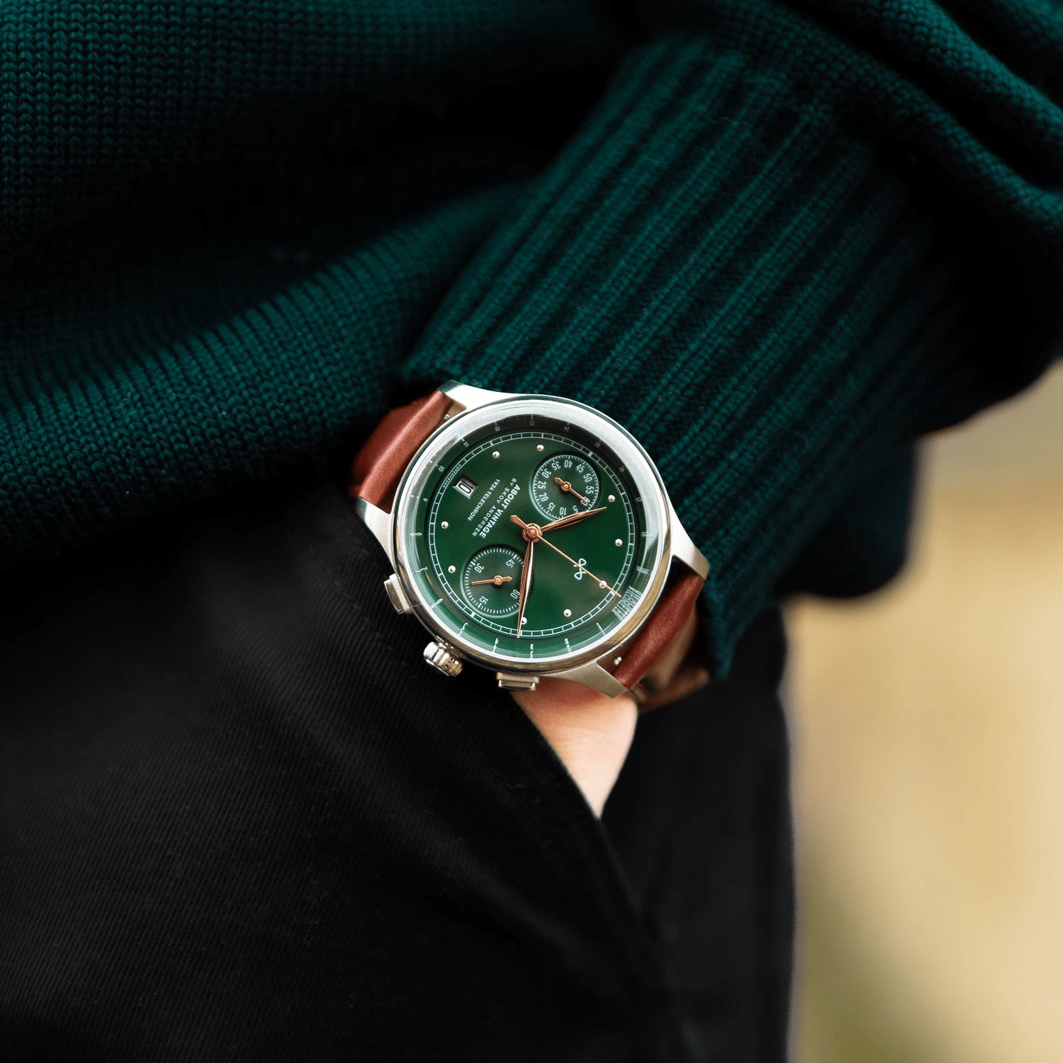 1934 Telechron by AV86 vintage-inspired chronograph with telemeter, sapphire crystal, and brown leather strap on wrist in casual setting