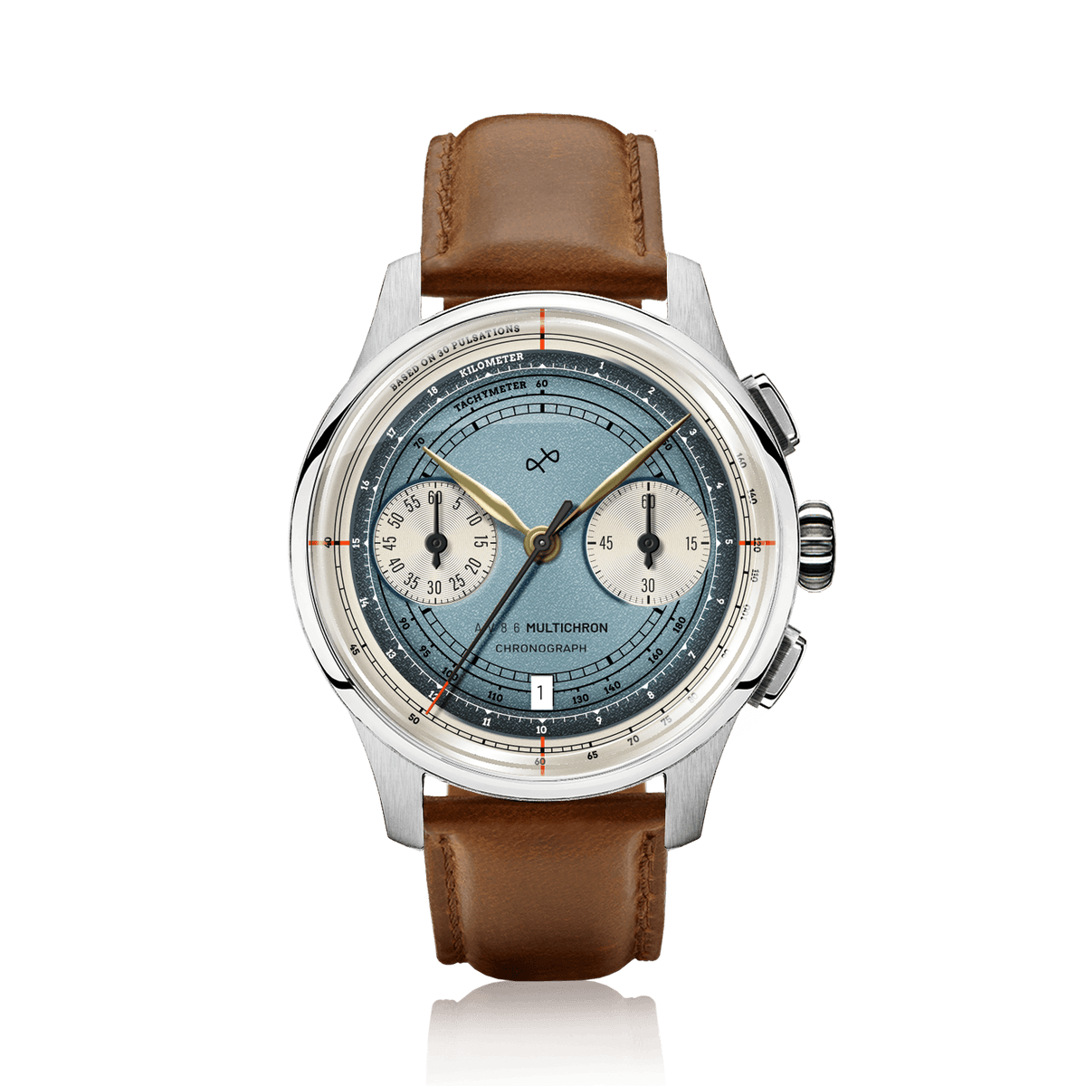 AV86 1934 Multichron, Steel / Sky Blue quartz chronograph with blue dial, steel case, twin subdials, tachymeter scale, and brown leather strap