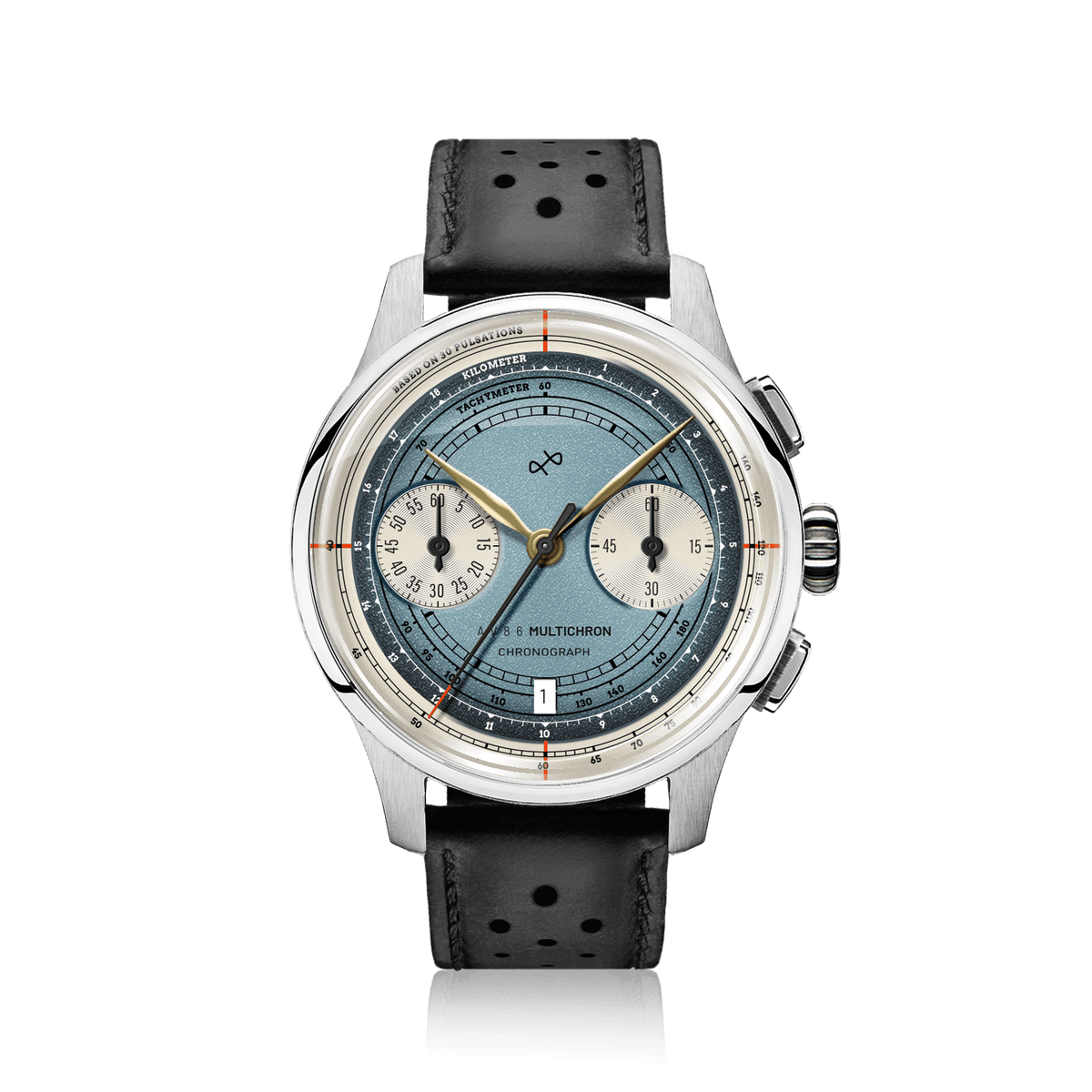 AV86 1934 Multichron, Steel / Sky Blue quartz chronograph with sky blue dial, polished steel case, twin subdials, tachymeter scale, and black perforated leather strap