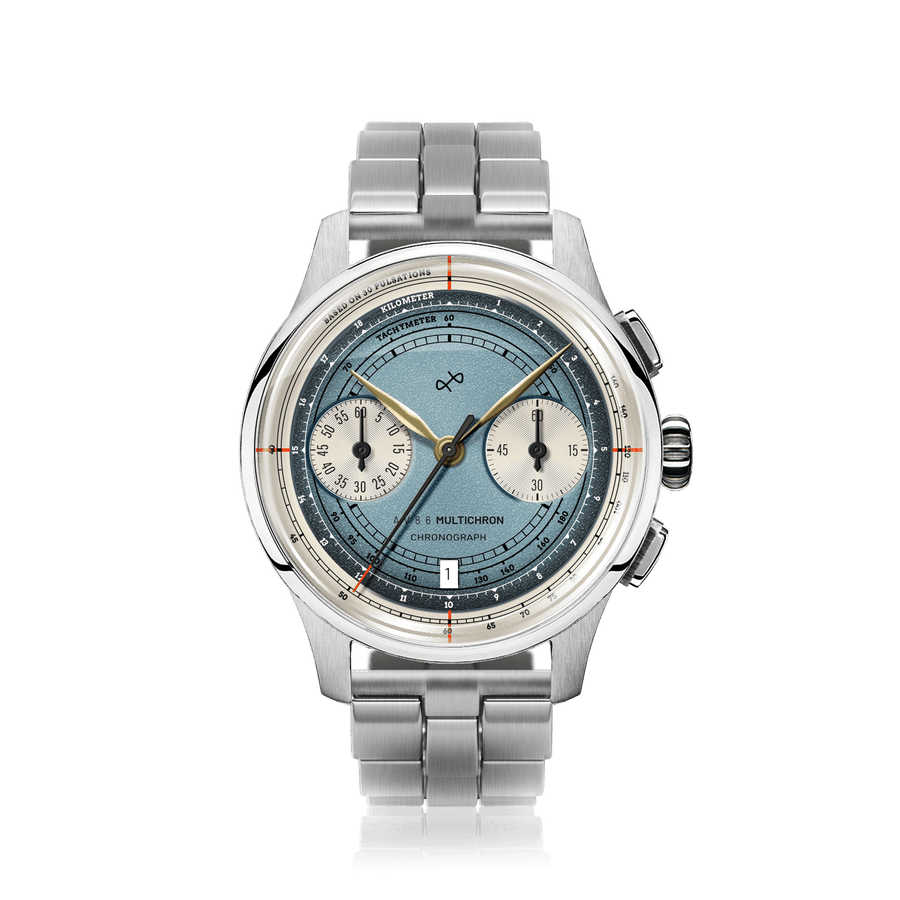 AV86 1934 Multichron, Steel / Sky Blue quartz chronograph with sky blue dial, twin subdials, tachymeter scale, and steel bracelet