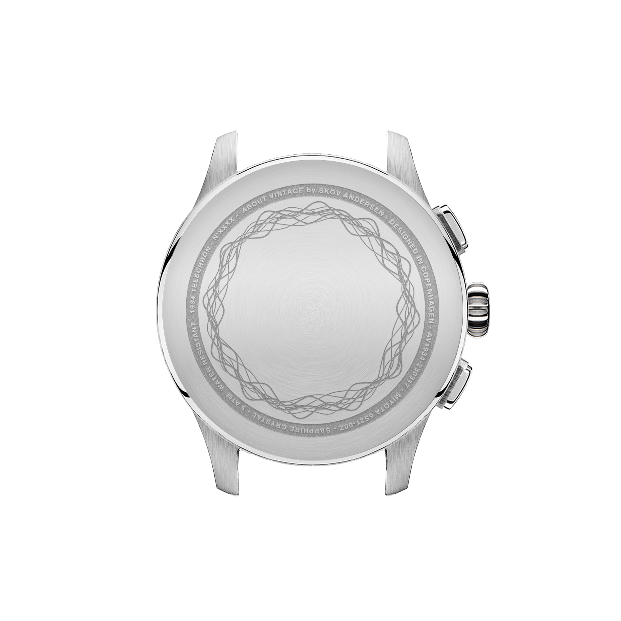 1934 Telechron by AV86 stainless steel chronograph case back with engraved circular pattern and pushers