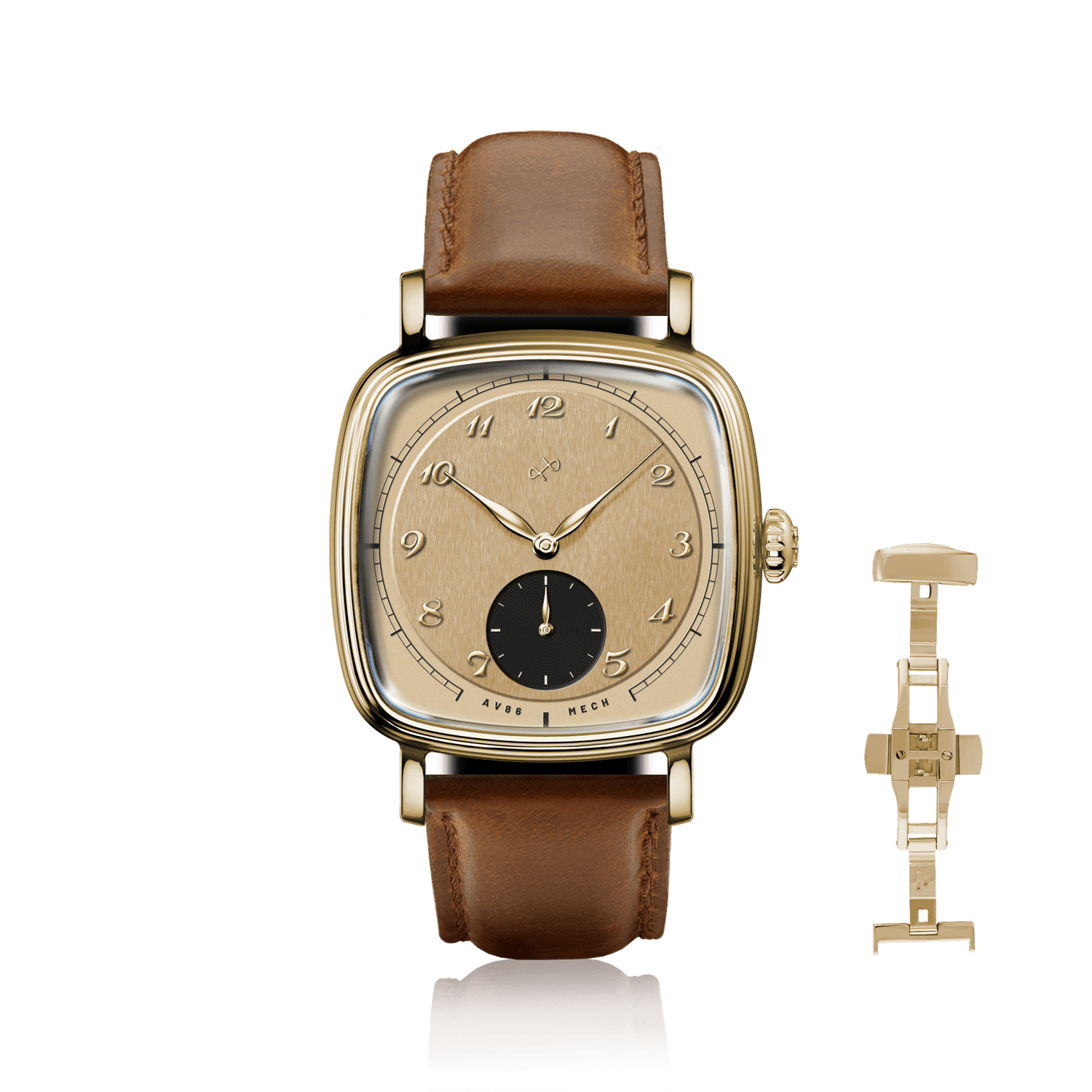 1954 Amalfi Mechanical by AV86 featuring a vintage-inspired cushion case, mechanical movement, classic numerals, and leather strap luxury timepiece