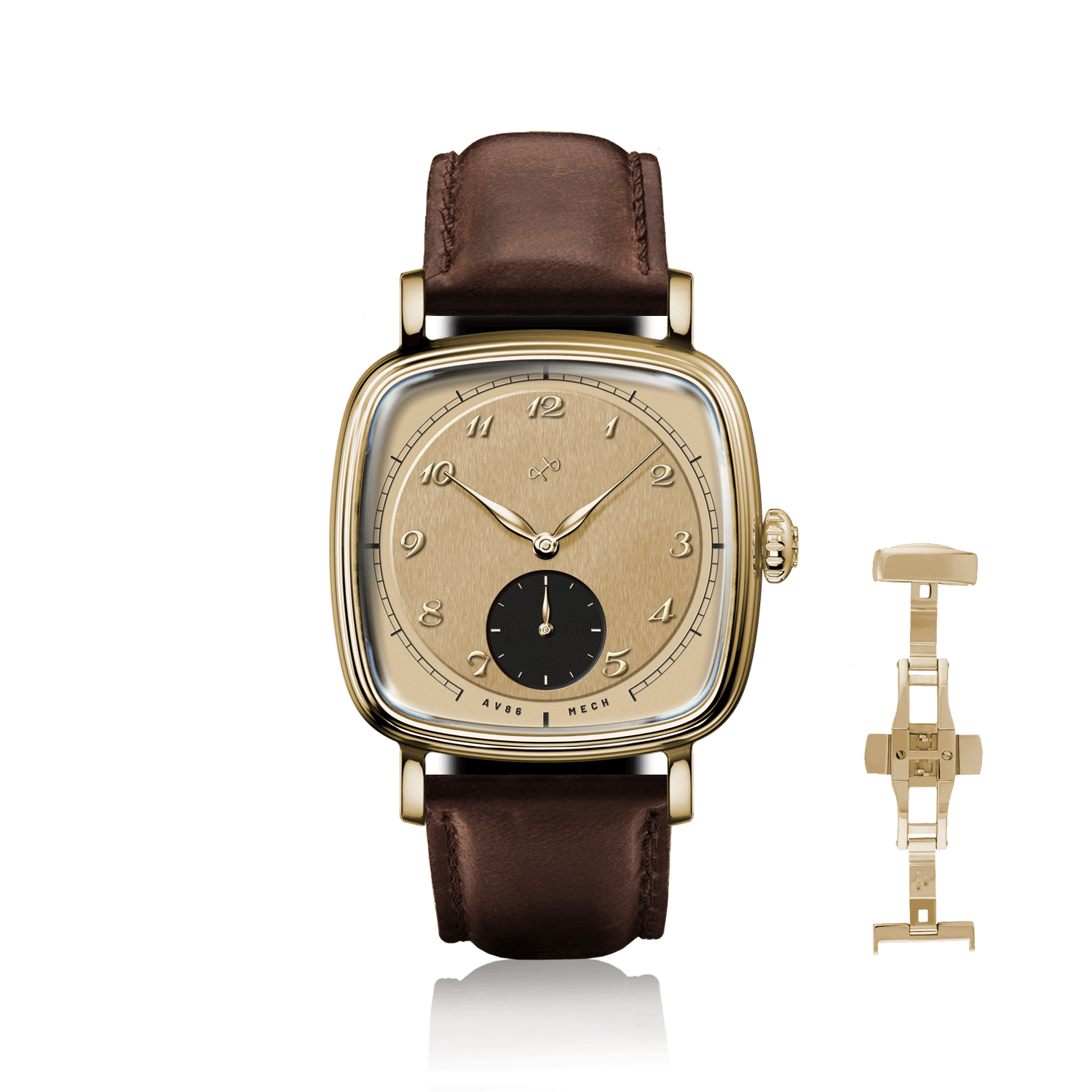 1954 Amalfi Mechanical by AV86, vintage-inspired mechanical watch with sapphire crystal, gold-tone case, and brown leather strap.
