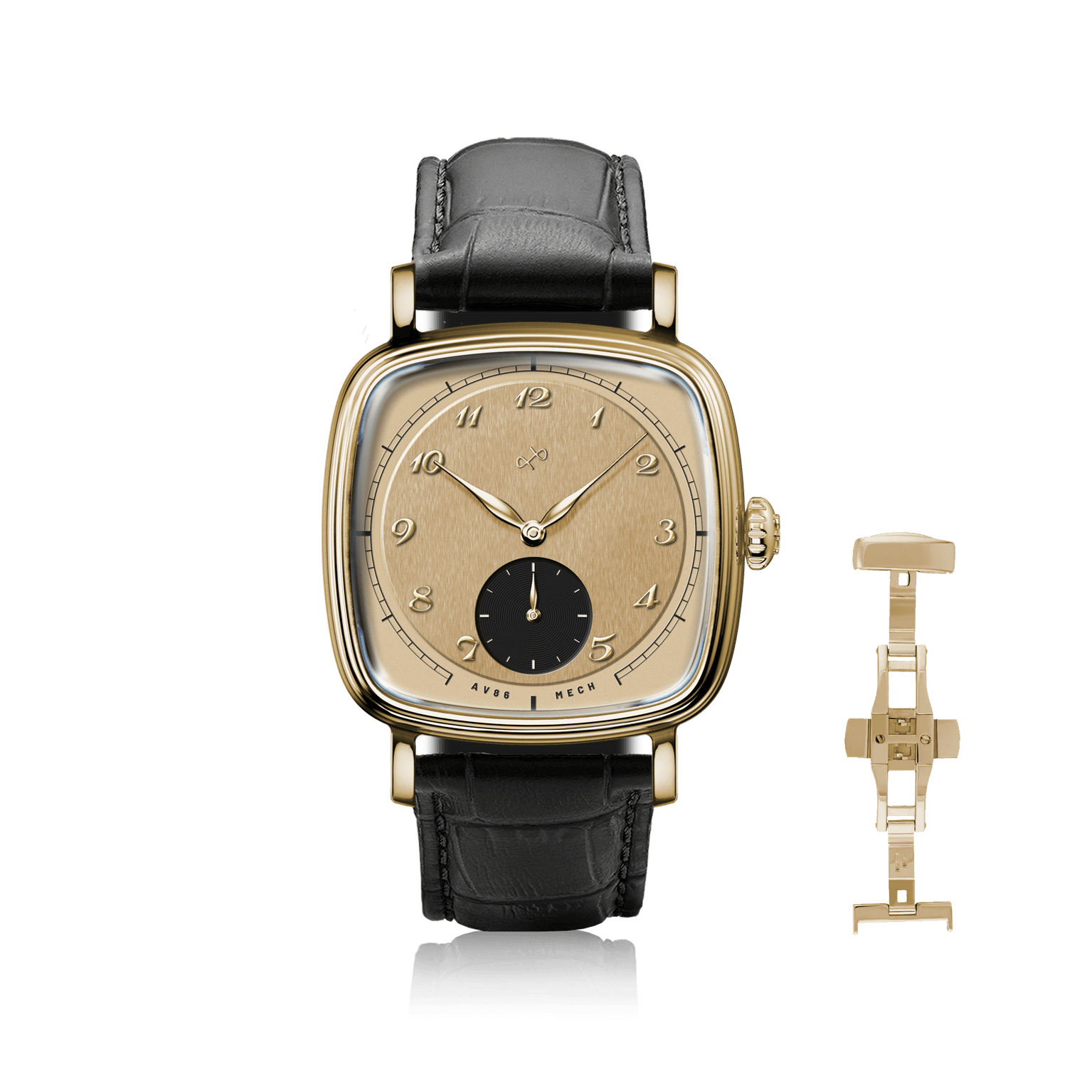 1954 Amalfi Mechanical by AV86, vintage-inspired dress watch with square gold case, textured dial, and black leather strap