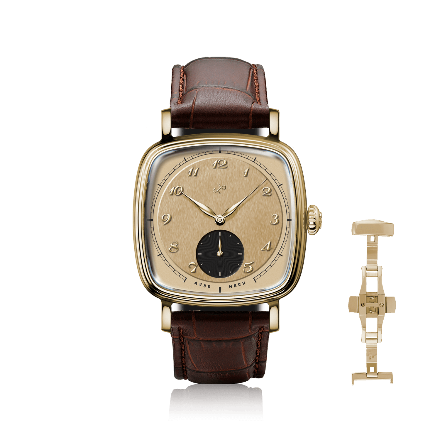 1954 Amalfi Mechanical by AV86, vintage-inspired automatic watch with square case, sapphire crystal, and brown leather strap