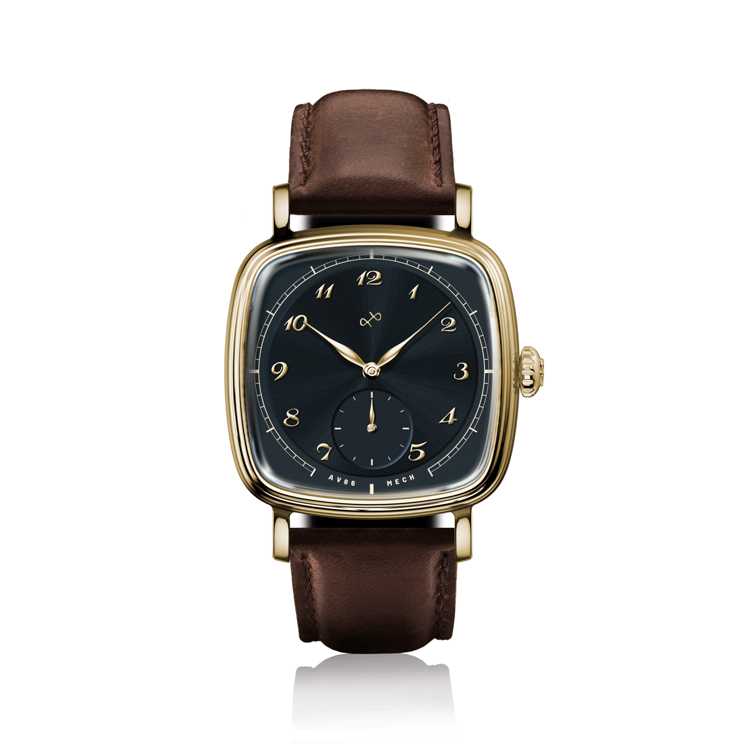 1954 Amalfi Mechanical by AV86, vintage-inspired mechanical watch with square gold case, black dial, and brown leather strap